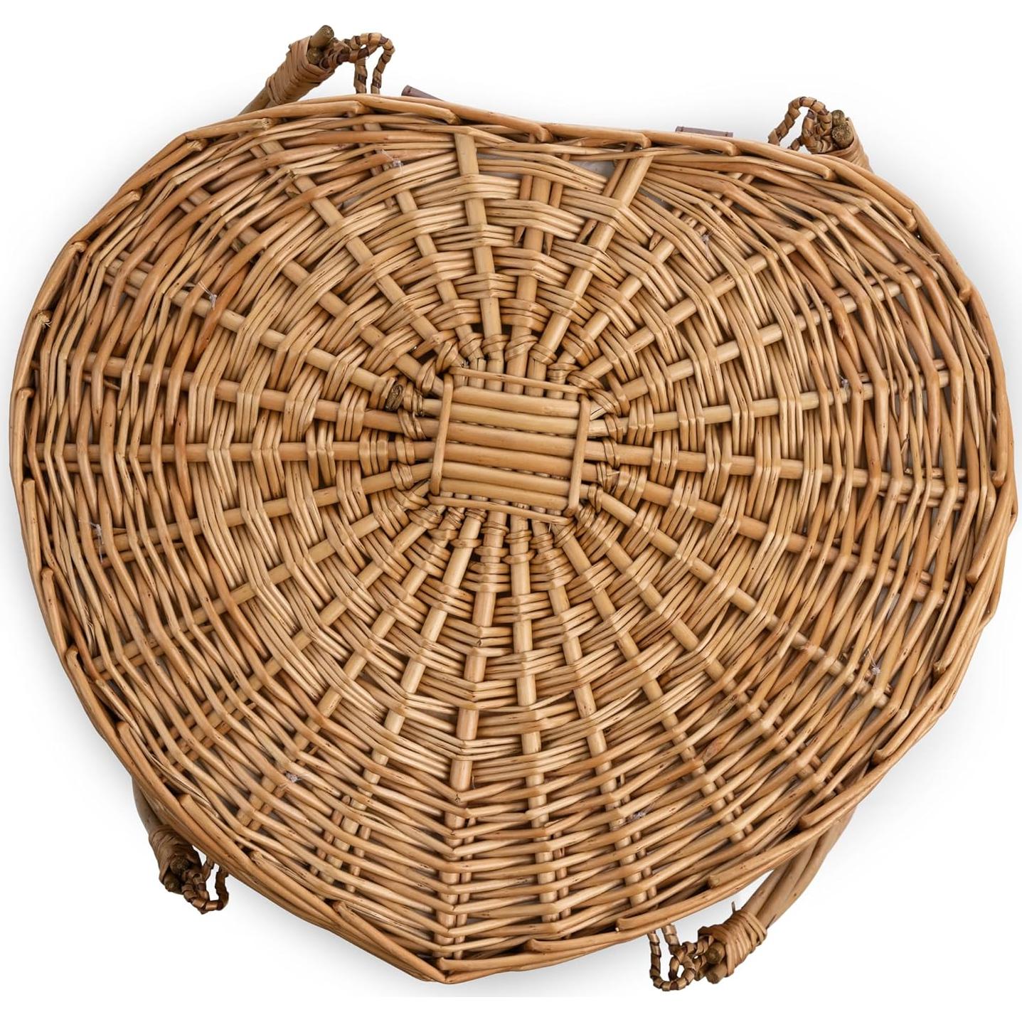 PICNIC TIME Heart Picnic Basket for 2, Wicker Basket with Handle, Complete Deluxe Service for Two, Handwoven and Sturdy Willow Constructed with Fully-lined interior and Accessories, (Antique White)