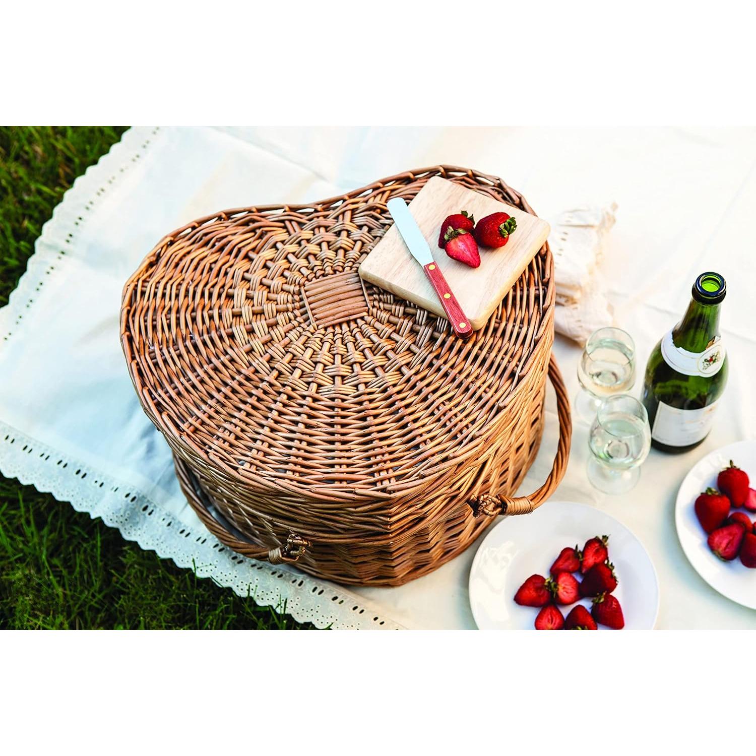 PICNIC TIME Heart Picnic Basket for 2, Wicker Basket with Handle, Complete Deluxe Service for Two, Handwoven and Sturdy Willow Constructed with Fully-lined interior and Accessories, (Antique White)