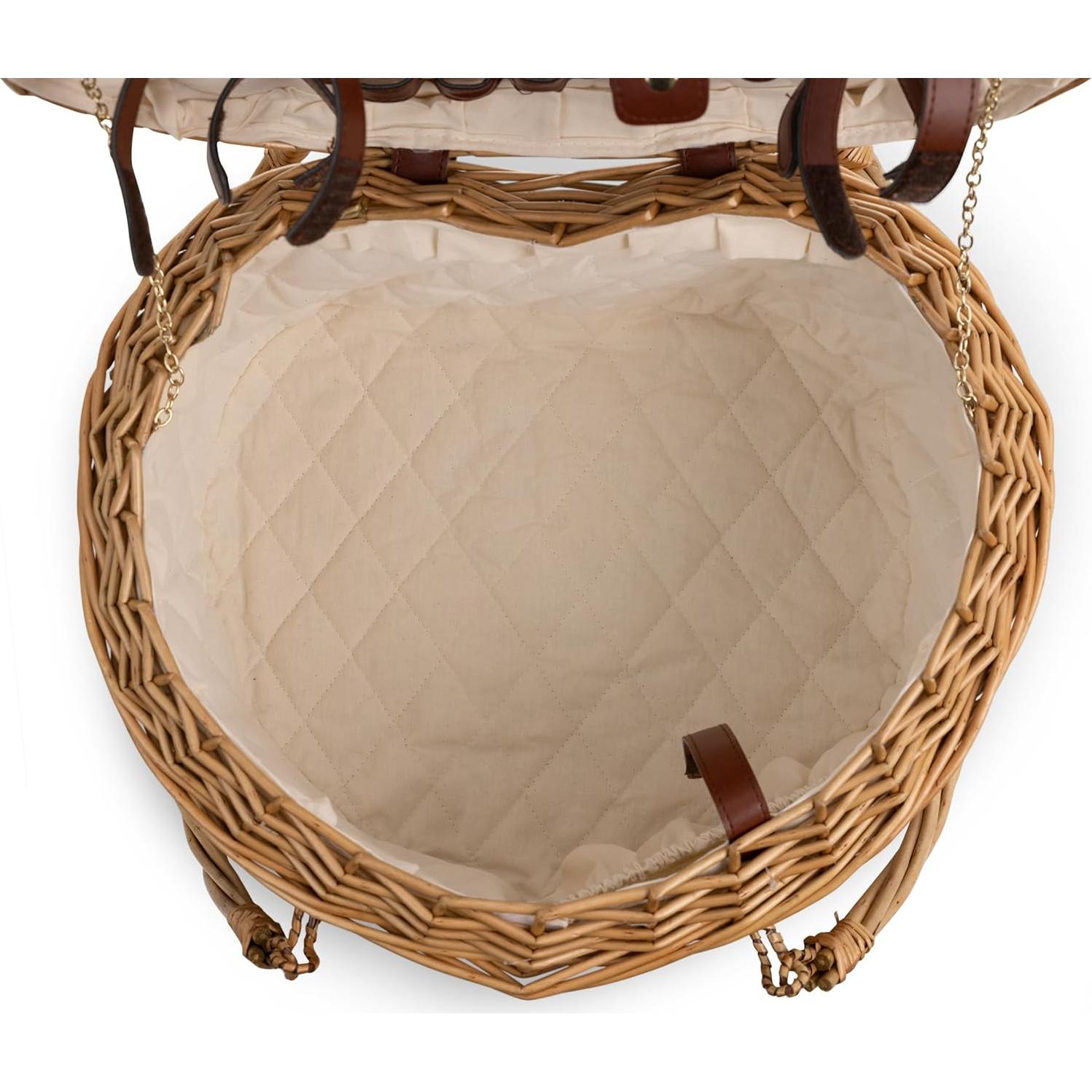 PICNIC TIME Heart Picnic Basket for 2, Wicker Basket with Handle, Complete Deluxe Service for Two, Handwoven and Sturdy Willow Constructed with Fully-lined interior and Accessories, (Antique White)