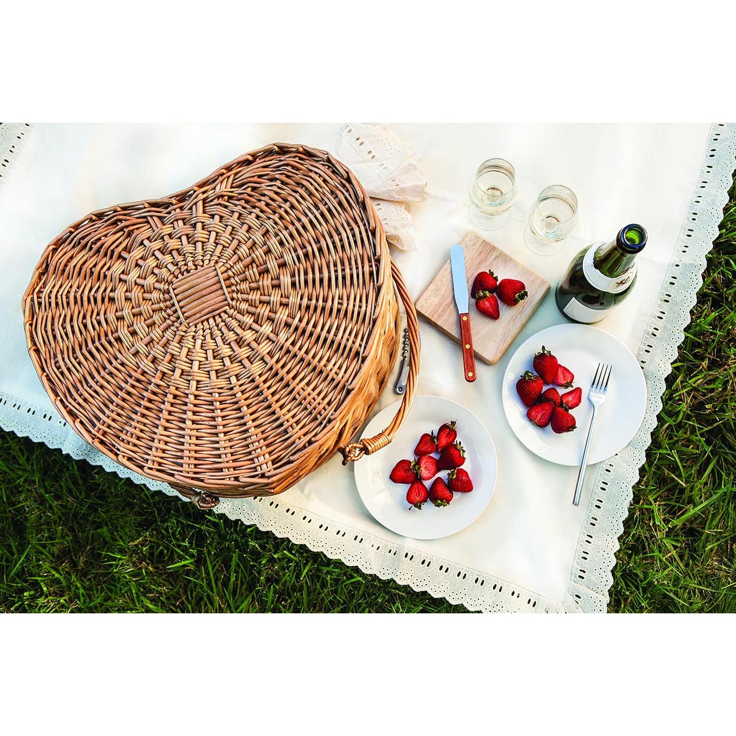 PICNIC TIME Heart Picnic Basket for 2, Wicker Basket with Handle, Complete Deluxe Service for Two, Handwoven and Sturdy Willow Constructed with Fully-lined interior and Accessories, (Antique White)