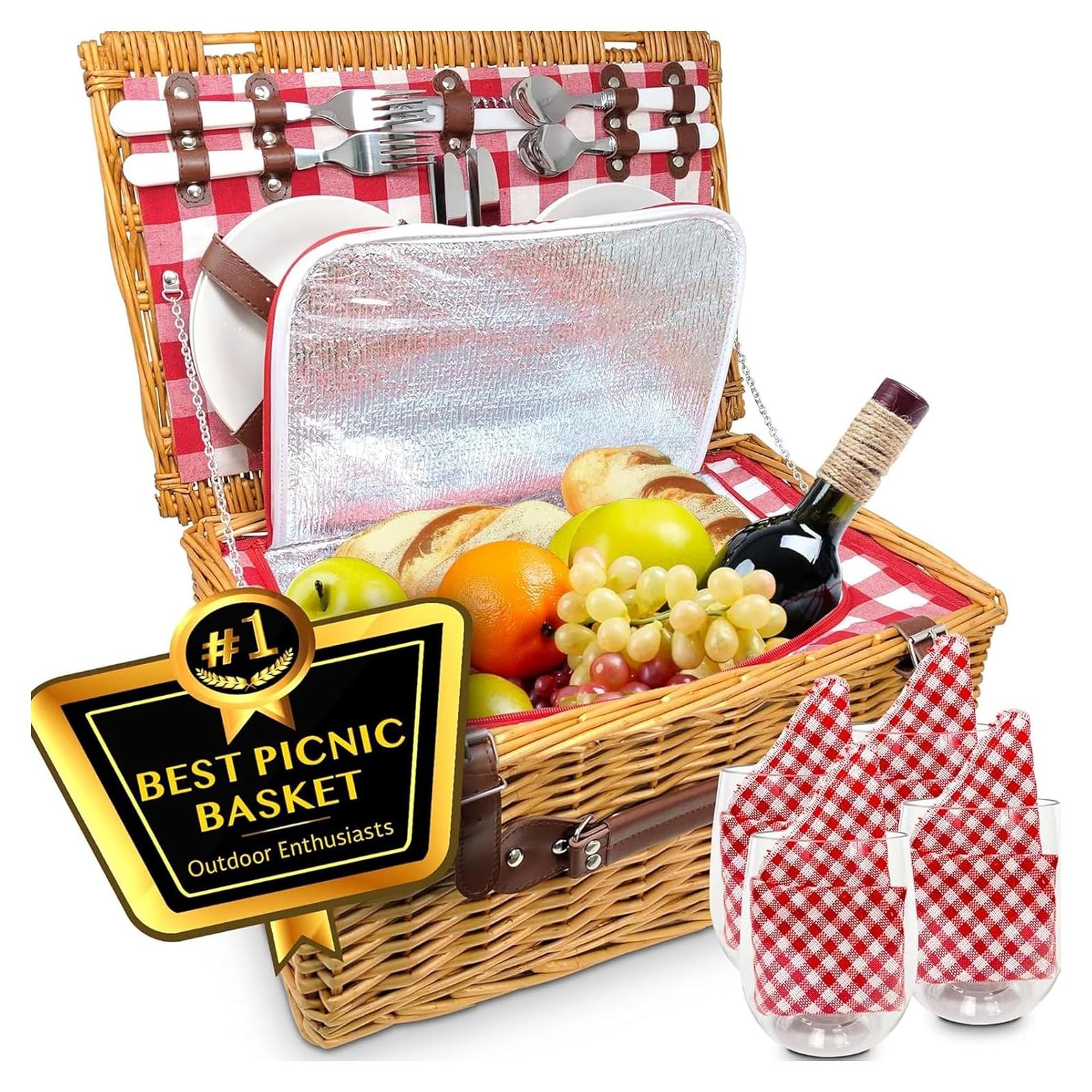 Cesta de Picnic Nature Gear XL Aislada para 4 Personas - Rojo y Blanco