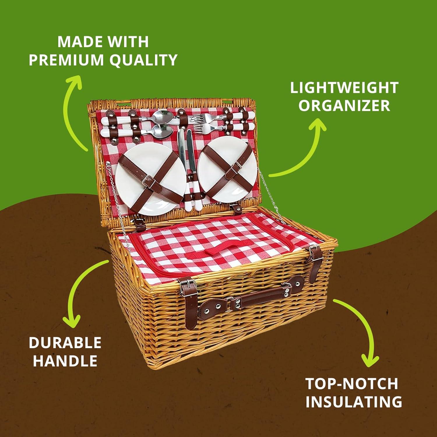 Cesta de Picnic Nature Gear XL Aislada para 4 Personas - Rojo y Blanco