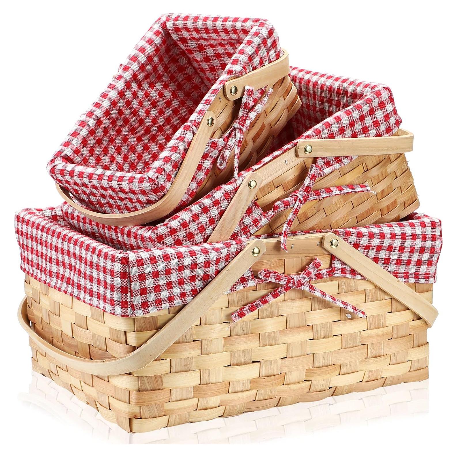 3 Pcs Different Sizes Picnic Basket with Handles Natural Vintage Red and White Checkered Liner Rustic Woven Hamper for Spring Easter Picnic Camping Outdoor Egg Gathering Candy Gift