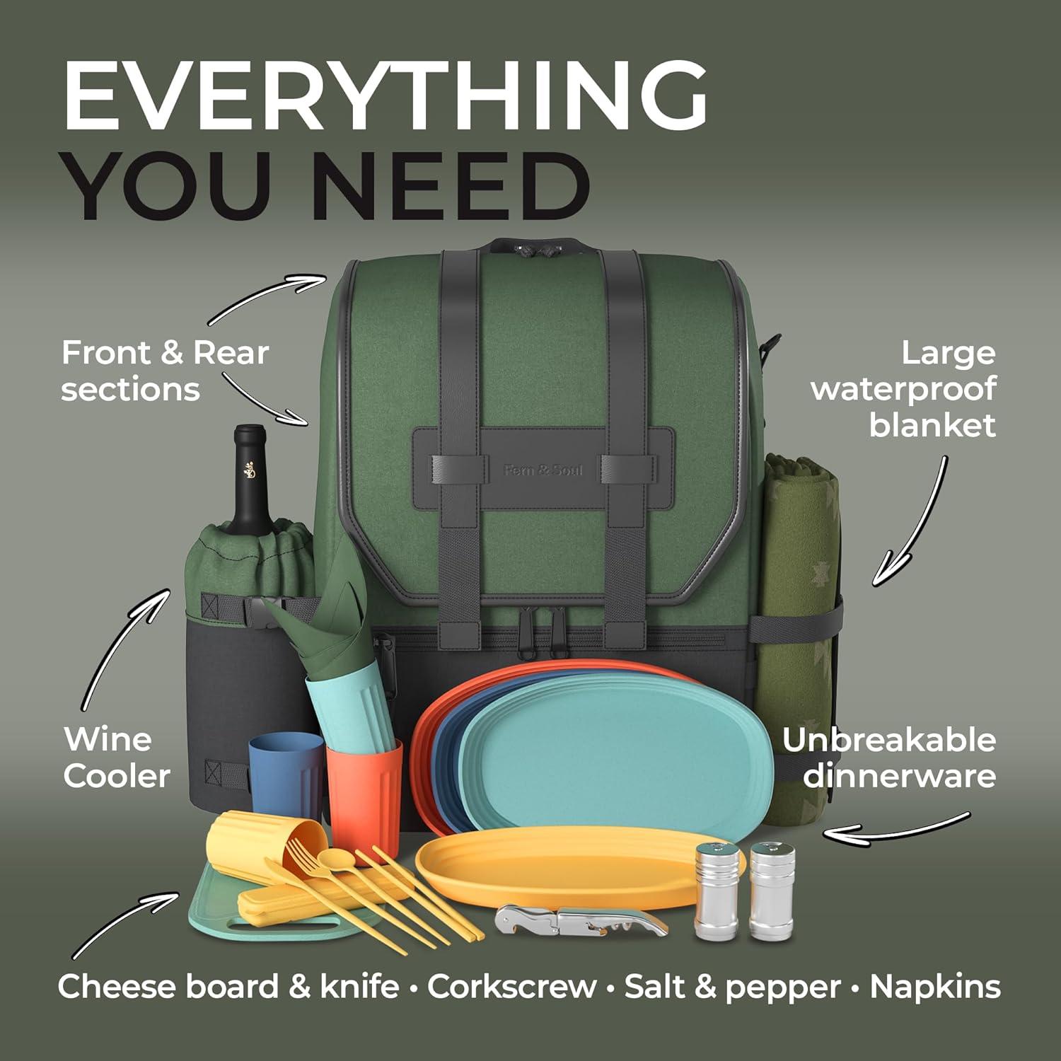 Mochila de Picnic Fern & Soul para 4 Personas - Conjunto Completo