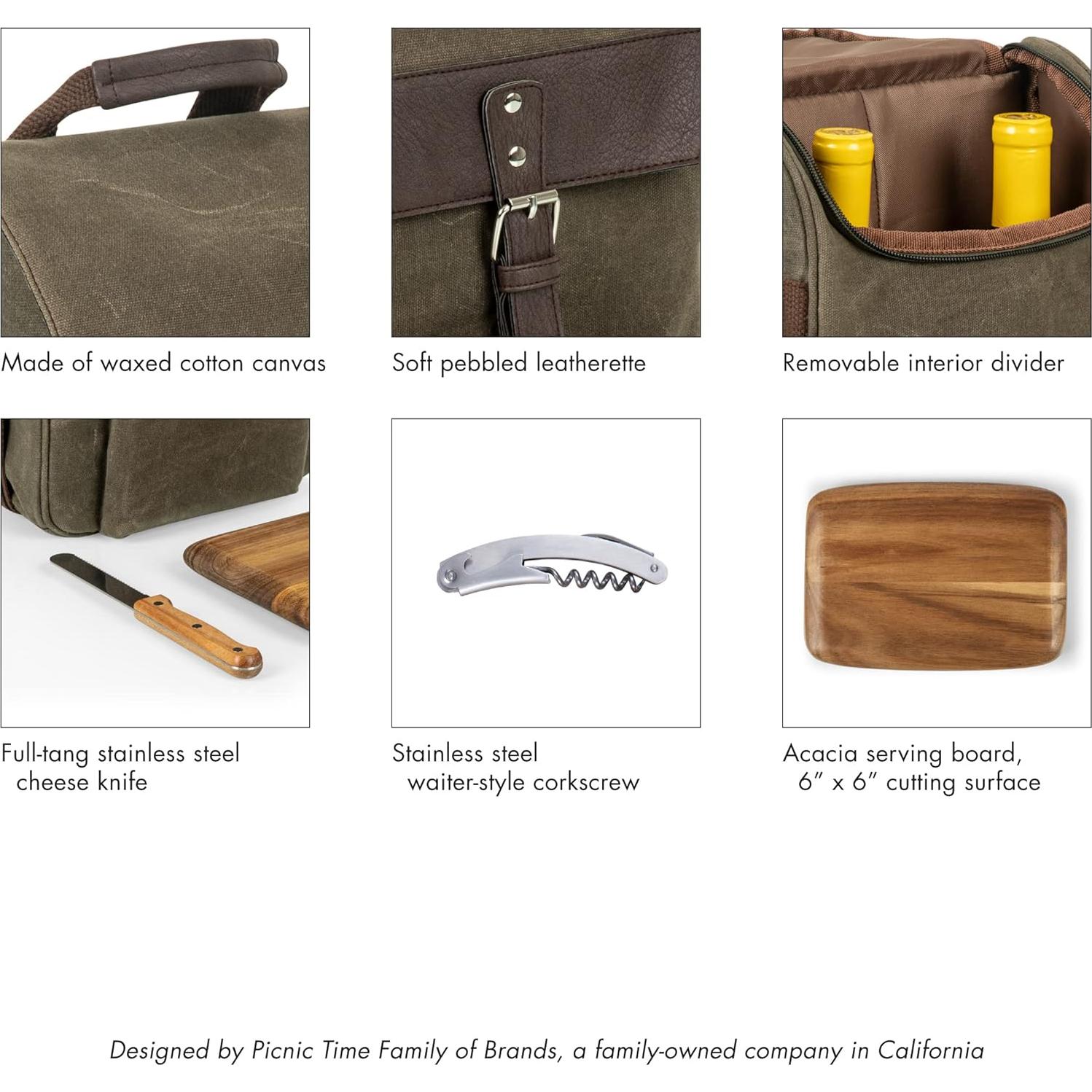 Bolsa de Vino Aislada Picnic Time para 2 Botellas con Tabla y Cuchillos