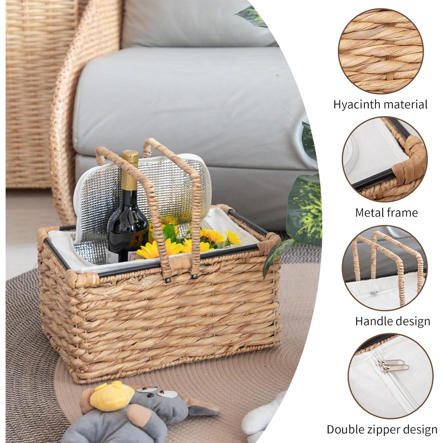 Cesta de Picnic Aislada RUQIAO CRAFT Tejida en Juncos 19L