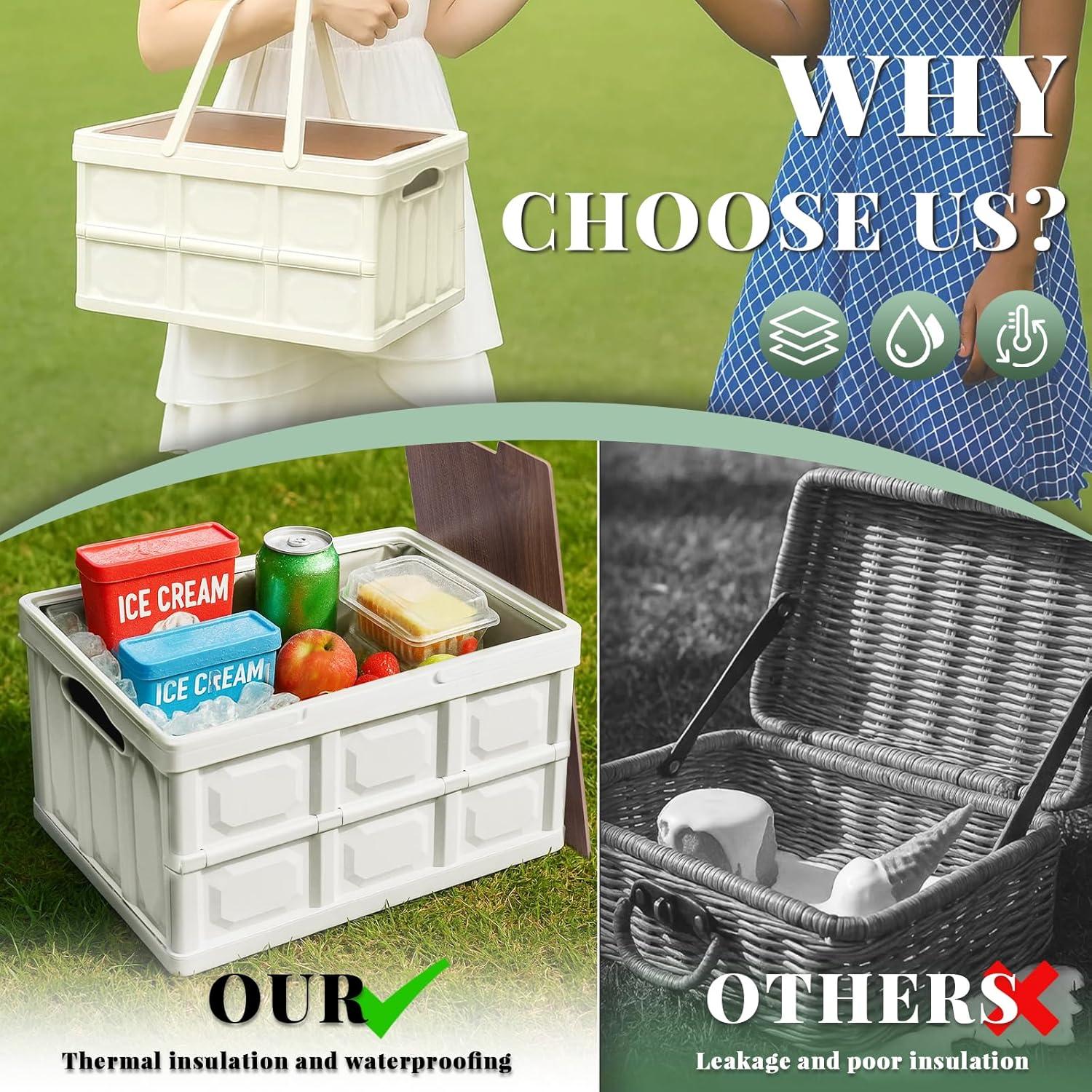 Cesta de Picnic Plegable JCWPVA para 2-4 Personas con Tapa de Madera