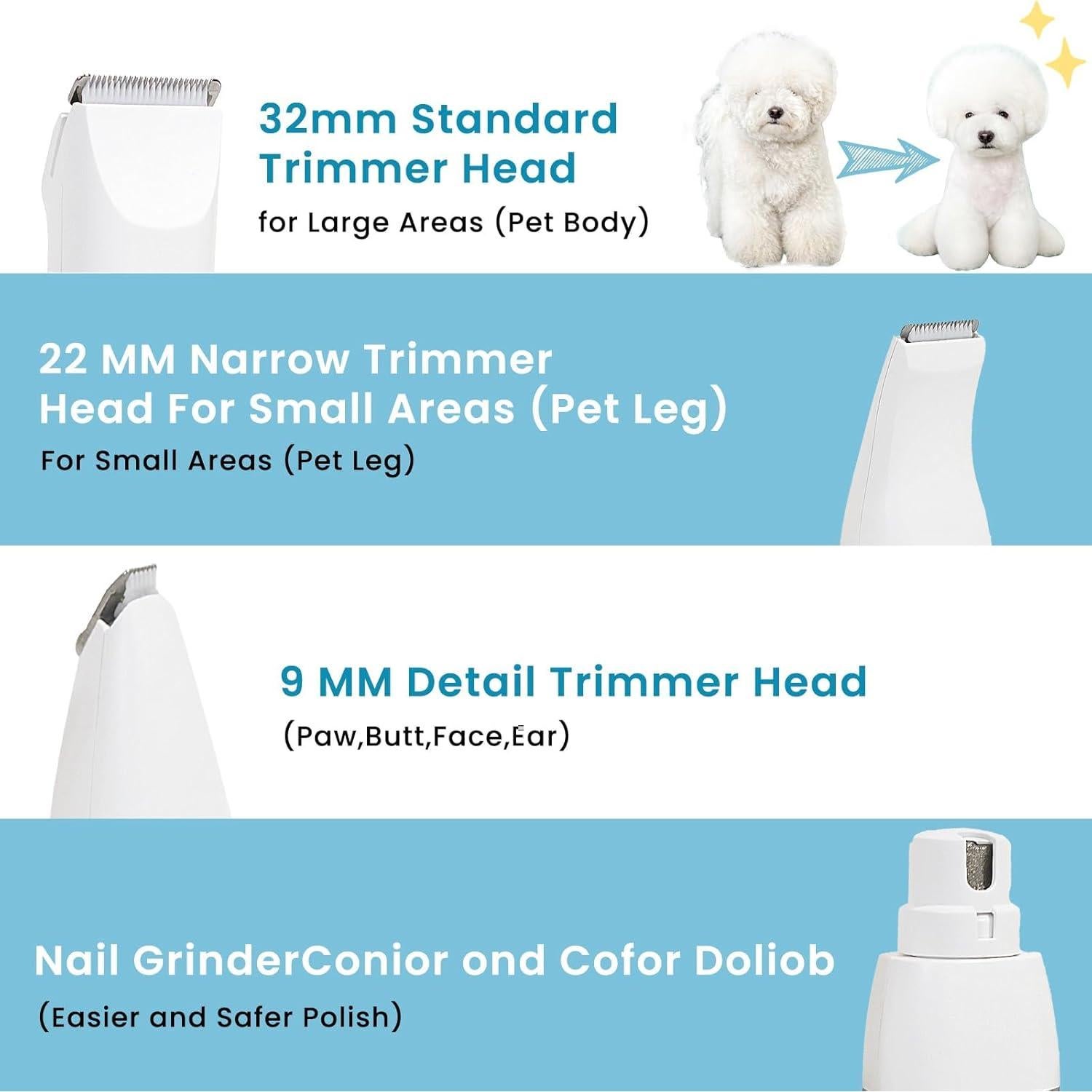 Dog Clippers Grooming Kit Hair Clipper-Low Noise Paw Trimmer- Rechargeable - Cordless Quiet Nail Grinder Shaver for Cats and Other Pets