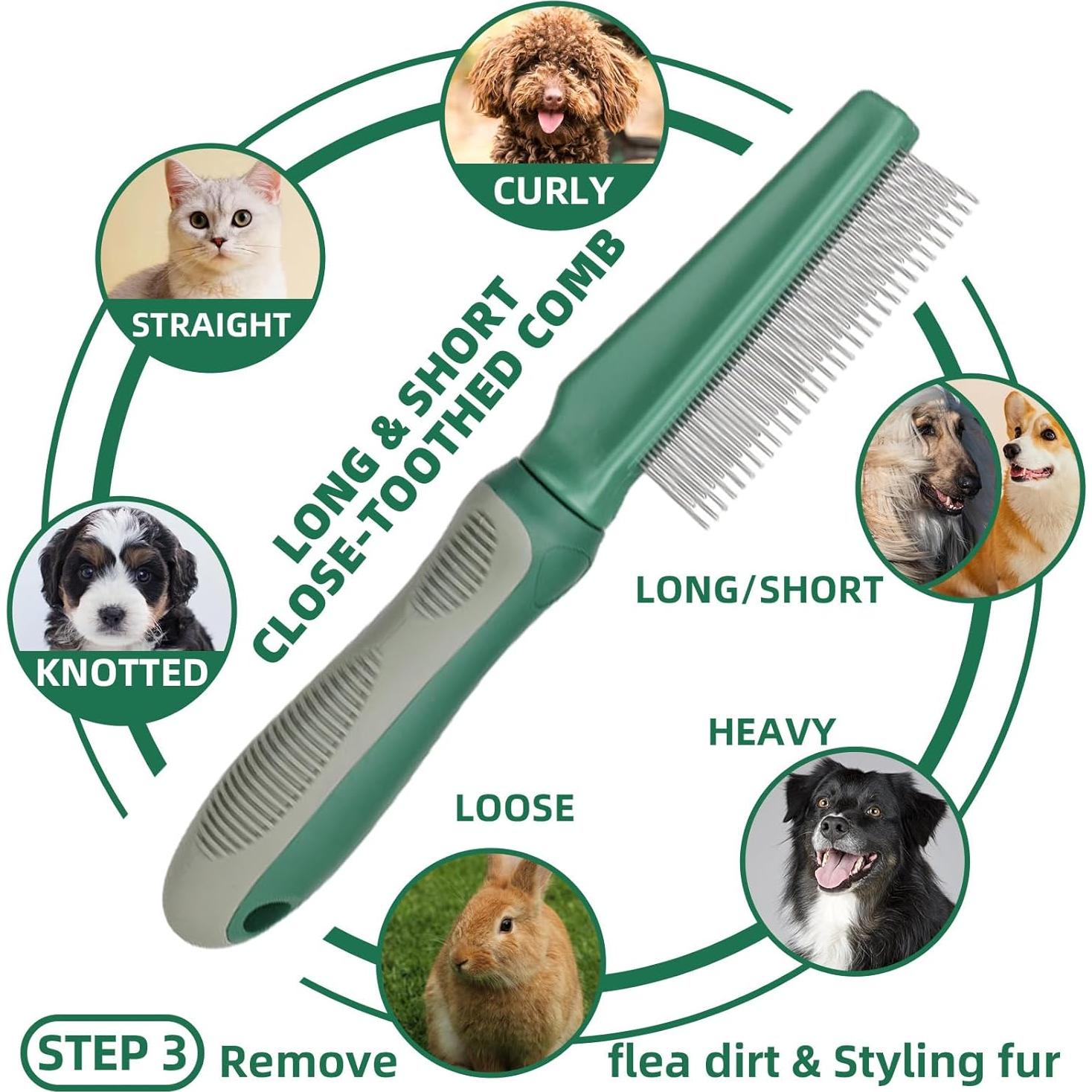 Kit de Cuidado de Mascotas KUEIOX 7 Piezas Verde Cepillos y Cortauñas