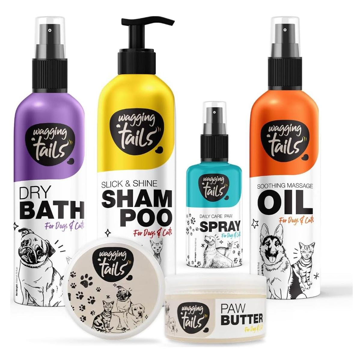Kit de Aseo 5 en 1 para Mascotas Wagging Tails | Champú 200 ml + Baño Seco 200 ml + Aceite Calmante 200 ml + Mantequilla para Patas 50 ml + Spray para Patas 100 ml