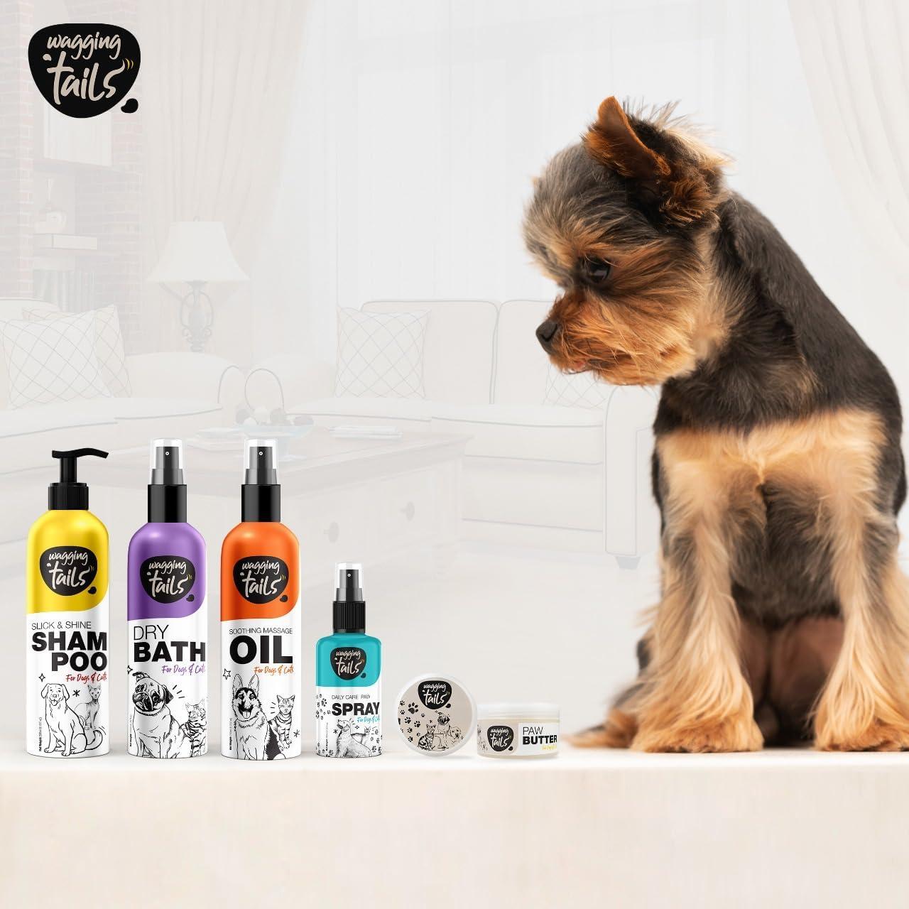 Kit de Aseo 5 en 1 para Mascotas Wagging Tails | Champú 200 ml + Baño Seco 200 ml + Aceite Calmante 200 ml + Mantequilla para Patas 50 ml + Spray para Patas 100 ml
