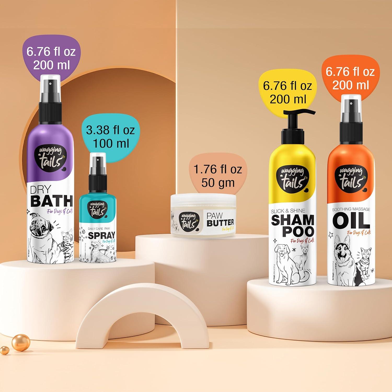 Kit de Aseo 5 en 1 para Mascotas Wagging Tails | Champú 200 ml + Baño Seco 200 ml + Aceite Calmante 200 ml + Mantequilla para Patas 50 ml + Spray para Patas 100 ml
