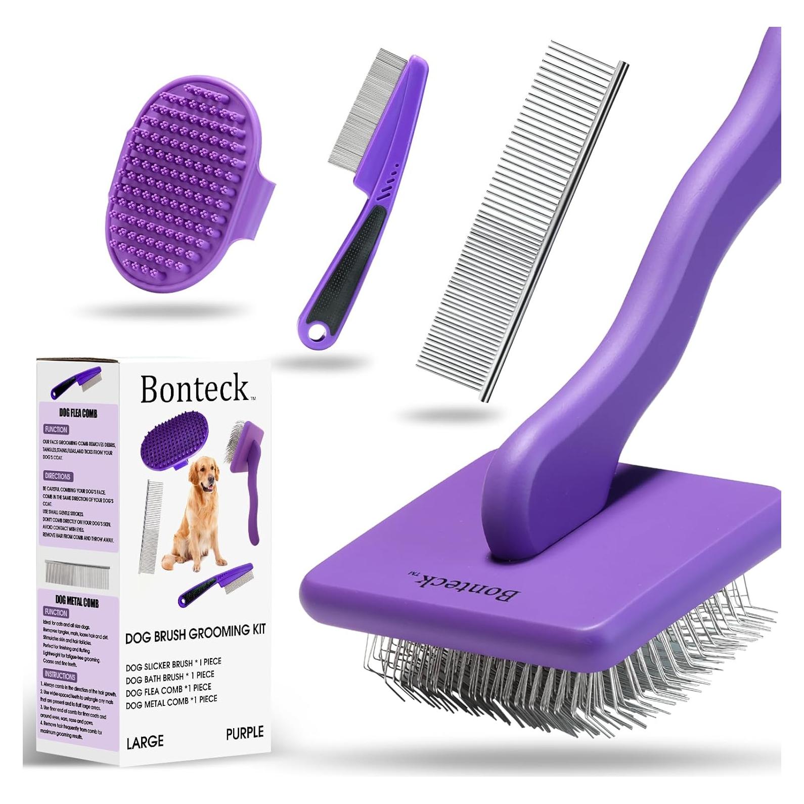 Kit de Aseo para Perros Bonteck 4PCS - Cepillo Slicker y Peine