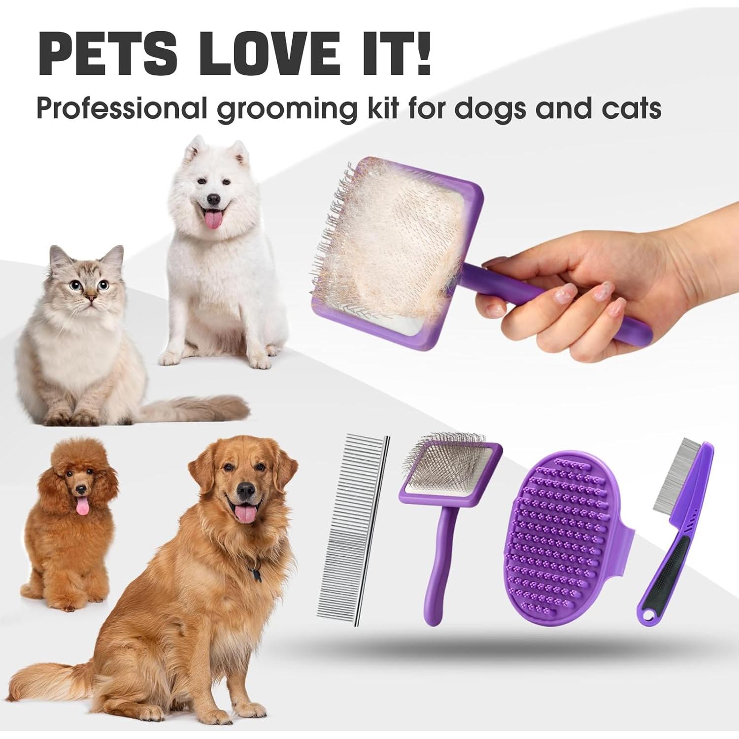 Kit de Aseo para Perros Bonteck 4PCS - Cepillo Slicker y Peine