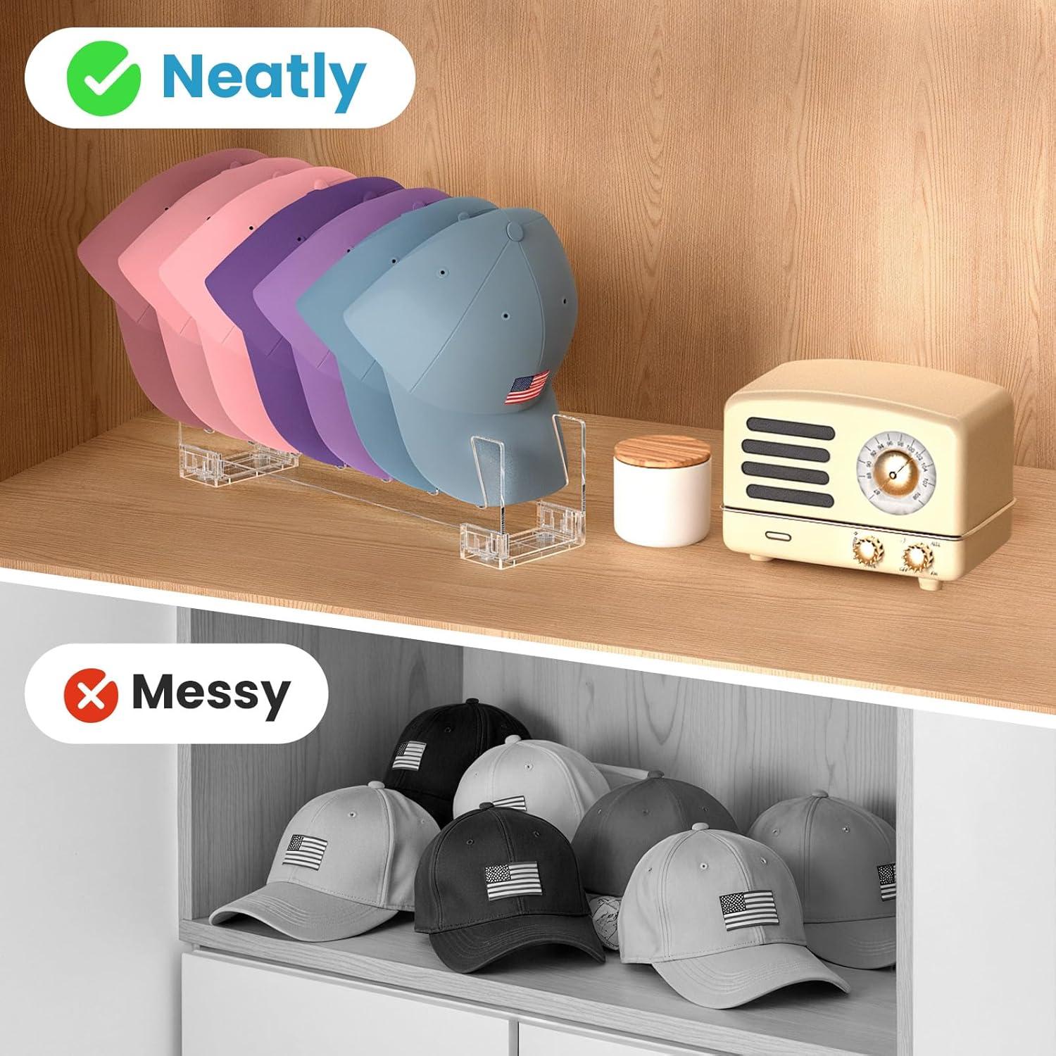 Hat Stand Organizer 2 Set up to 14 Baseball Caps, Gorras Hats Display Rack Storage For Bedroom, Closet, Dresser and Office (Clear 2 Pcs)