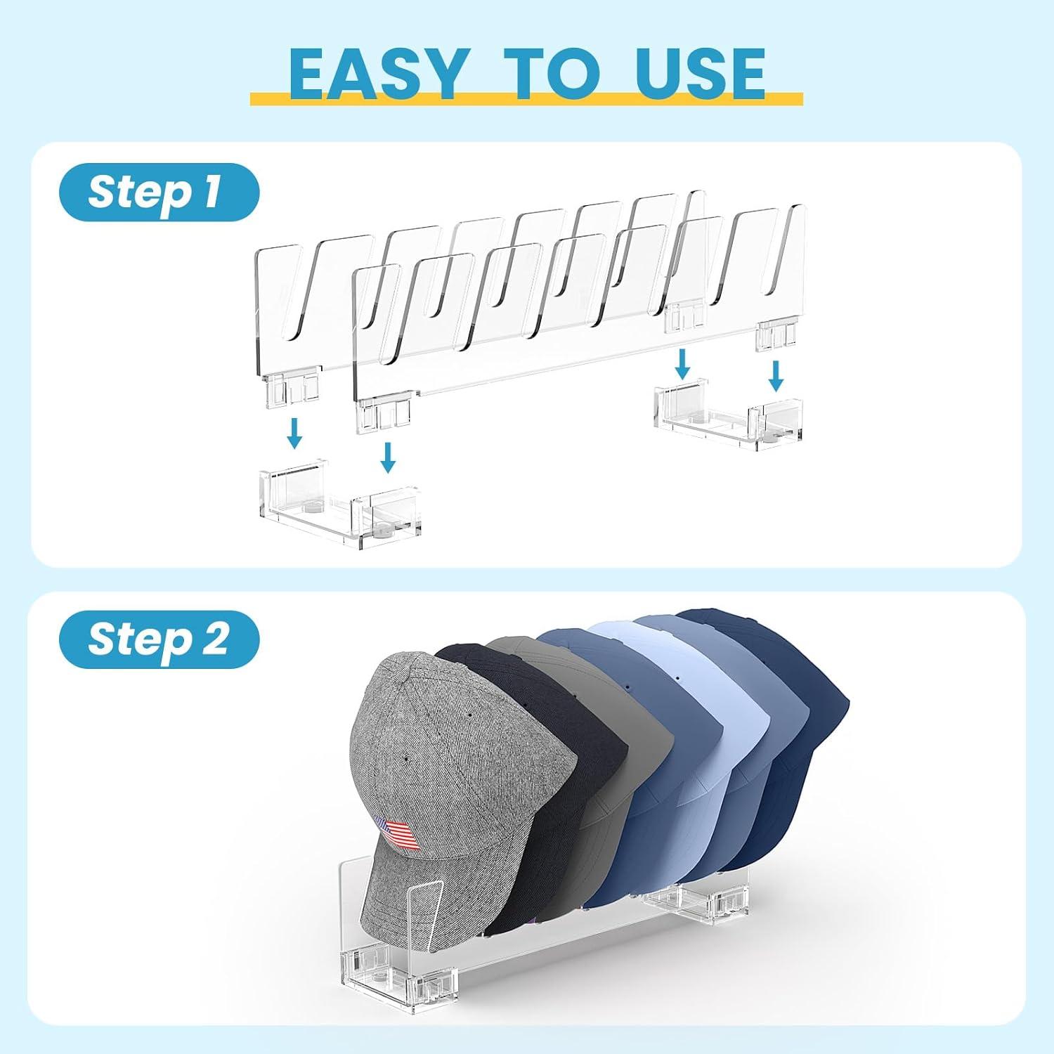 Hat Stand Organizer 2 Set up to 14 Baseball Caps, Gorras Hats Display Rack Storage For Bedroom, Closet, Dresser and Office (Clear 2 Pcs)