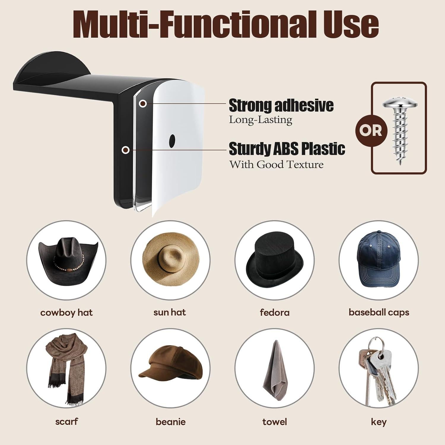 Ganchos para Sombreros Aoodaily - Paquete de 8, Negro, 7.1 cm