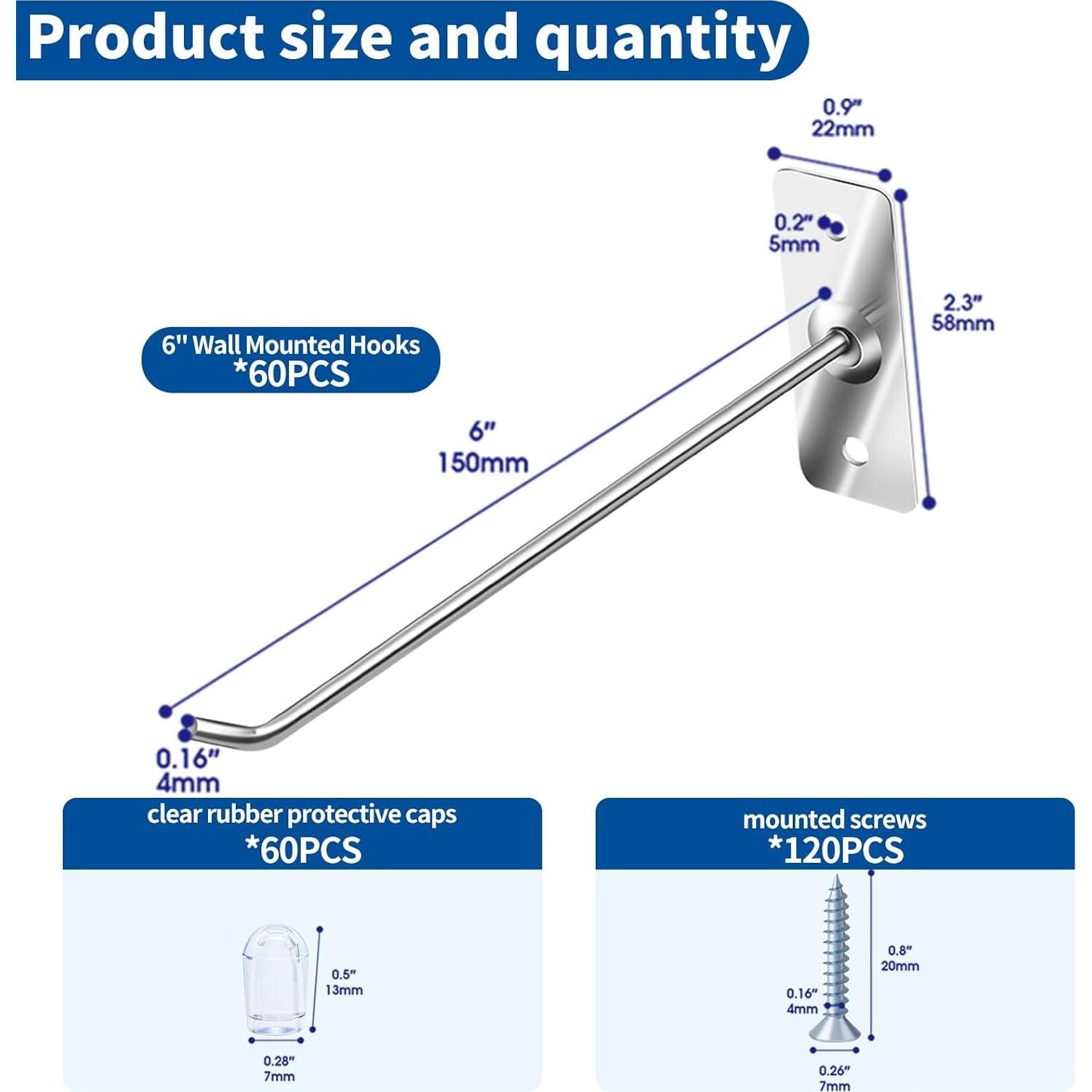 60 Ganchos de Acero Inoxidable 15cm con Tapas y Tornillos