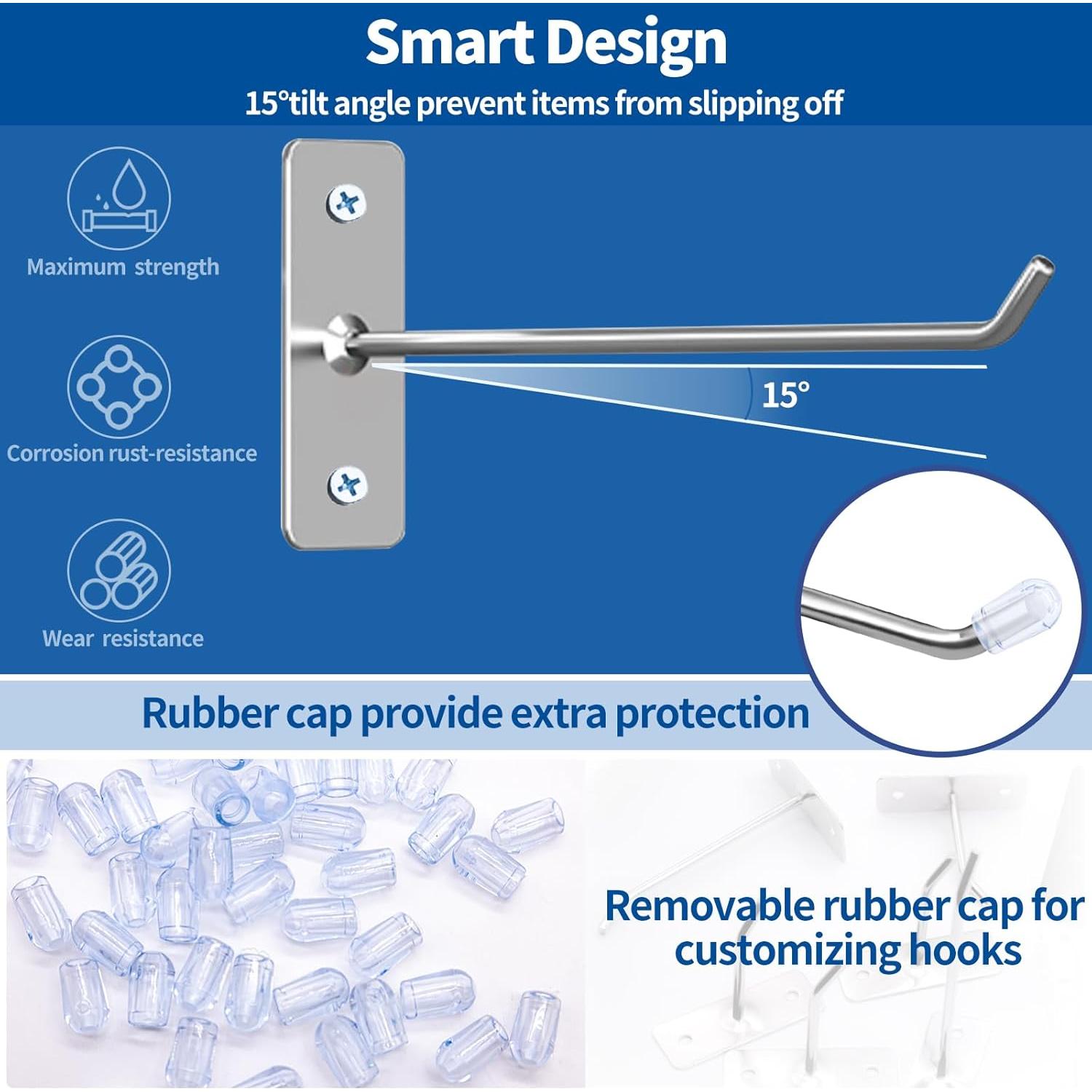 60 Ganchos de Acero Inoxidable 15cm con Tapas y Tornillos