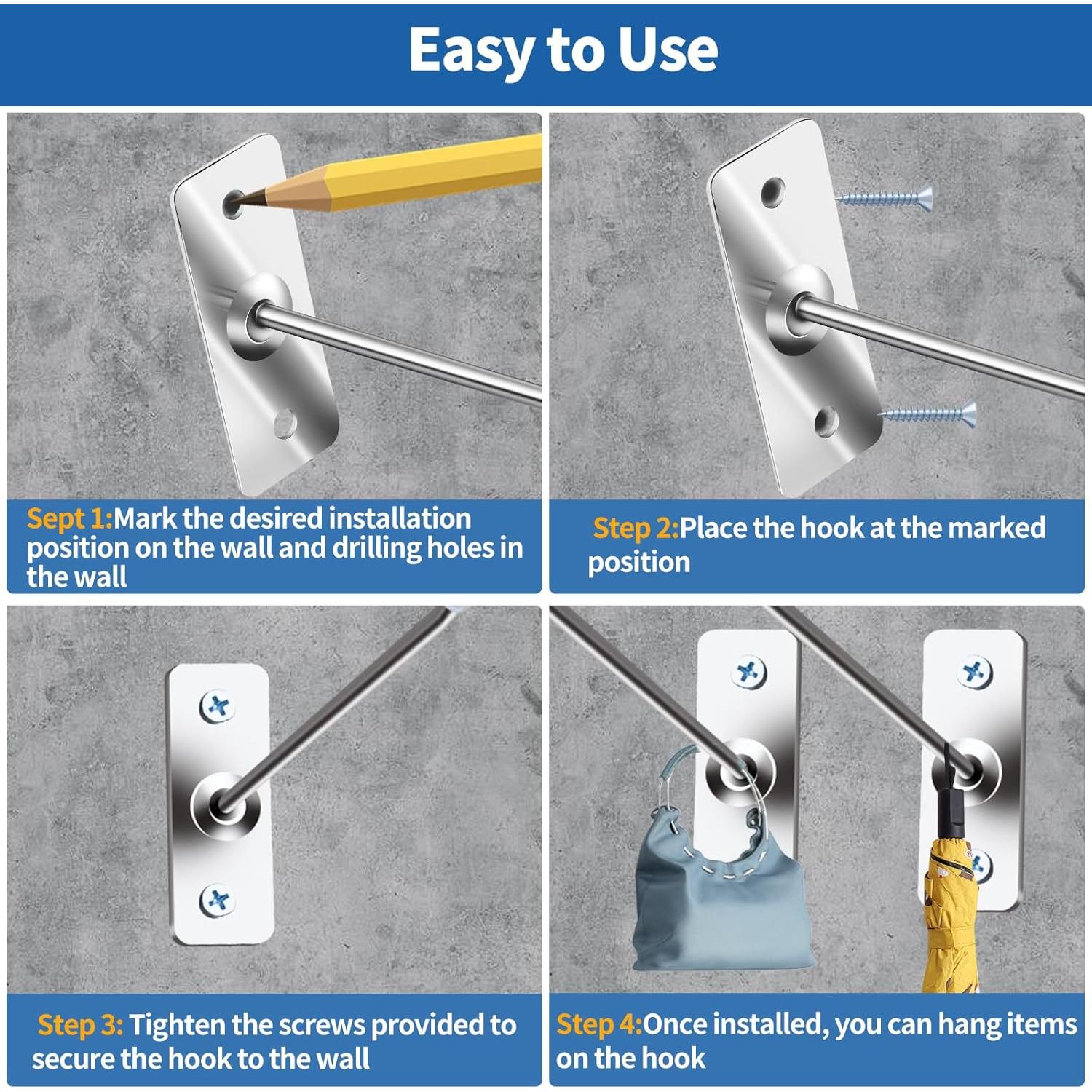 60 Ganchos de Acero Inoxidable 15cm con Tapas y Tornillos