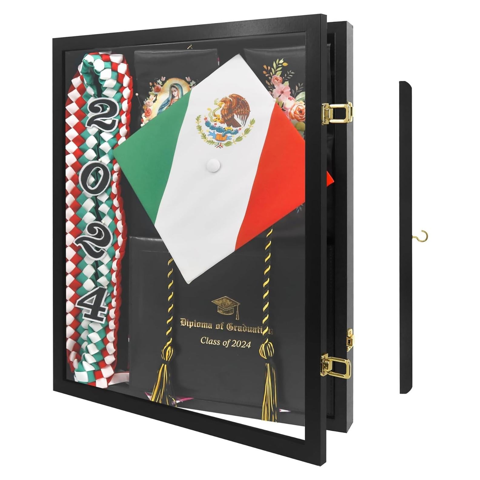 17"x21" Graduation Shadow Box Frame for Cap Gown Diploma Stole Cords Wood Display Case with Stick Pins & Hanging Hardware