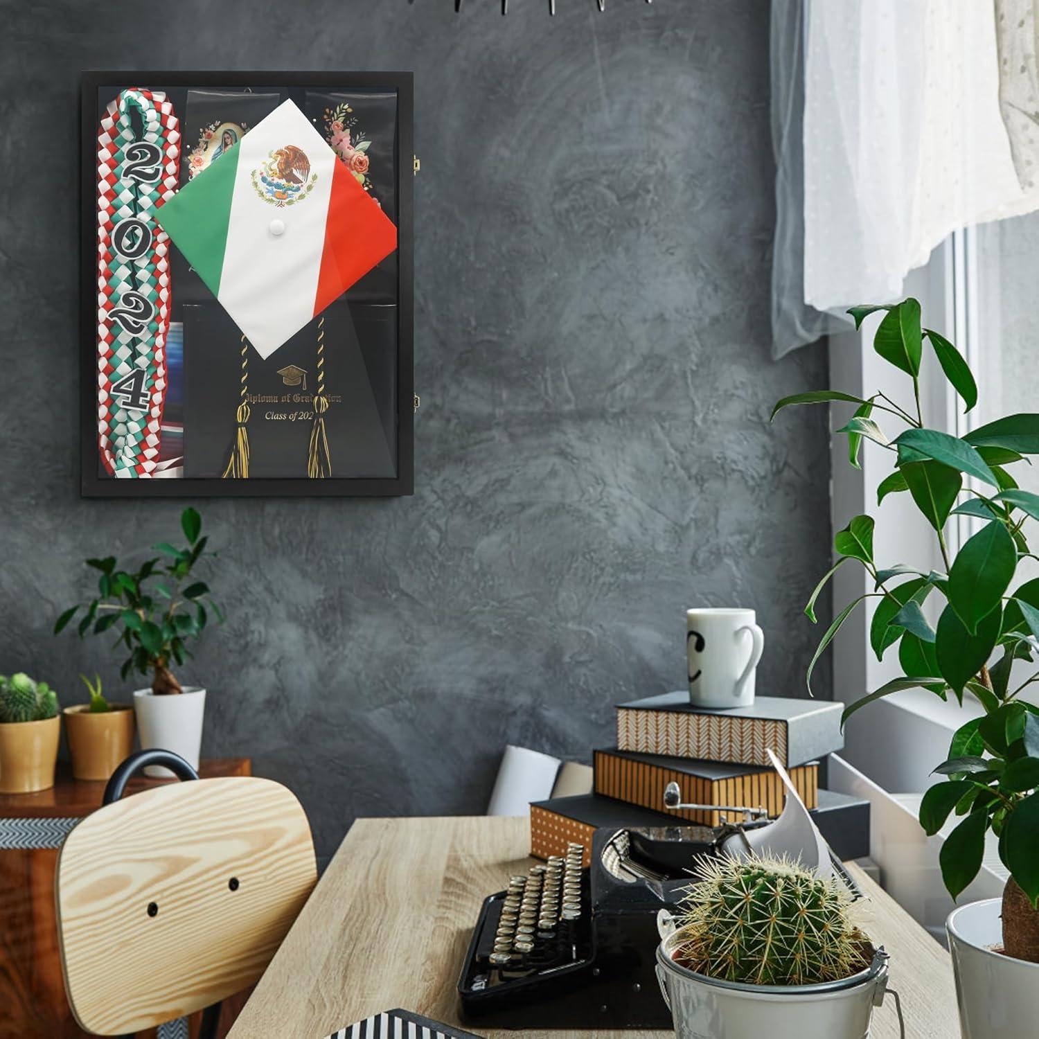 17"x21" Graduation Shadow Box Frame for Cap Gown Diploma Stole Cords Wood Display Case with Stick Pins & Hanging Hardware