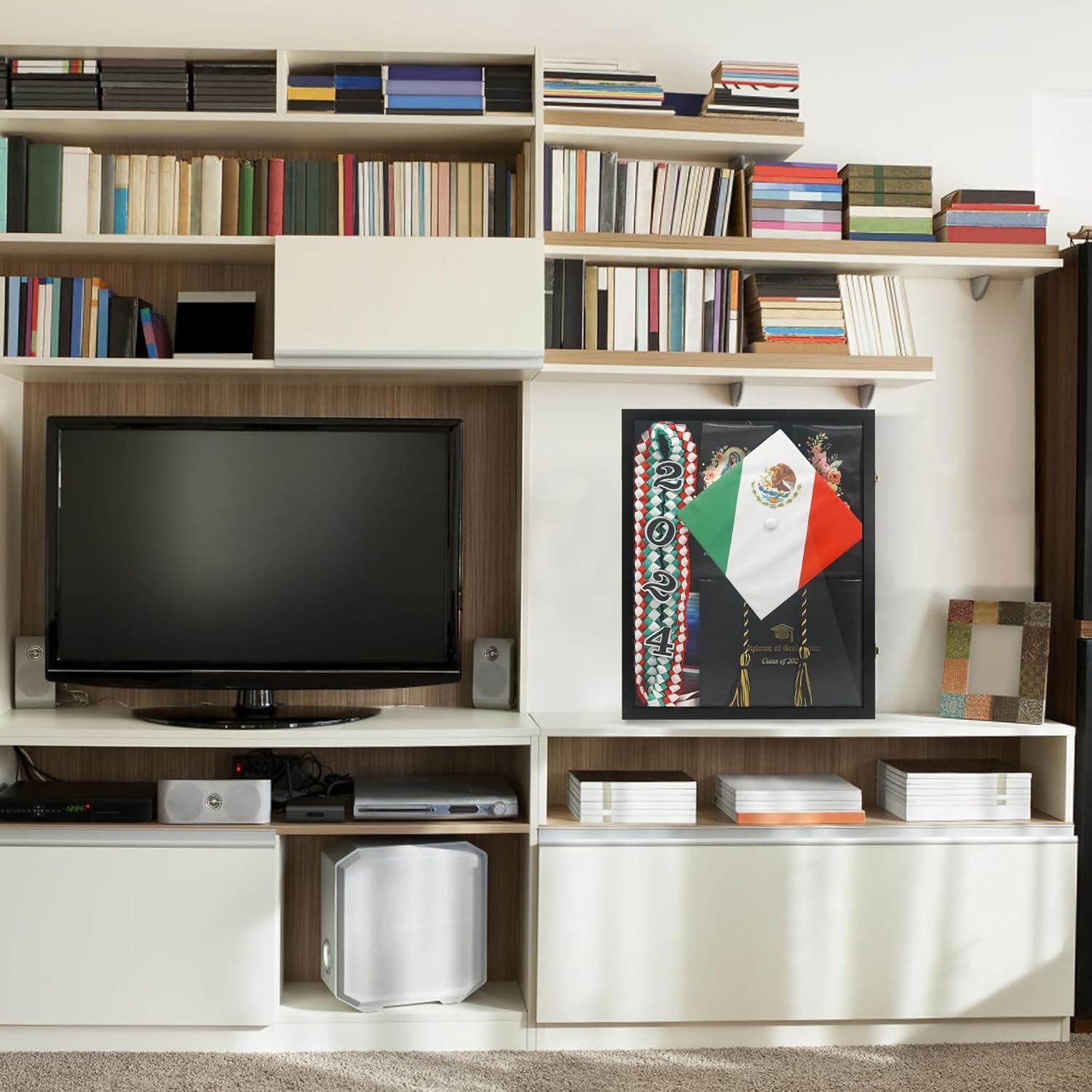 17"x21" Graduation Shadow Box Frame for Cap Gown Diploma Stole Cords Wood Display Case with Stick Pins & Hanging Hardware