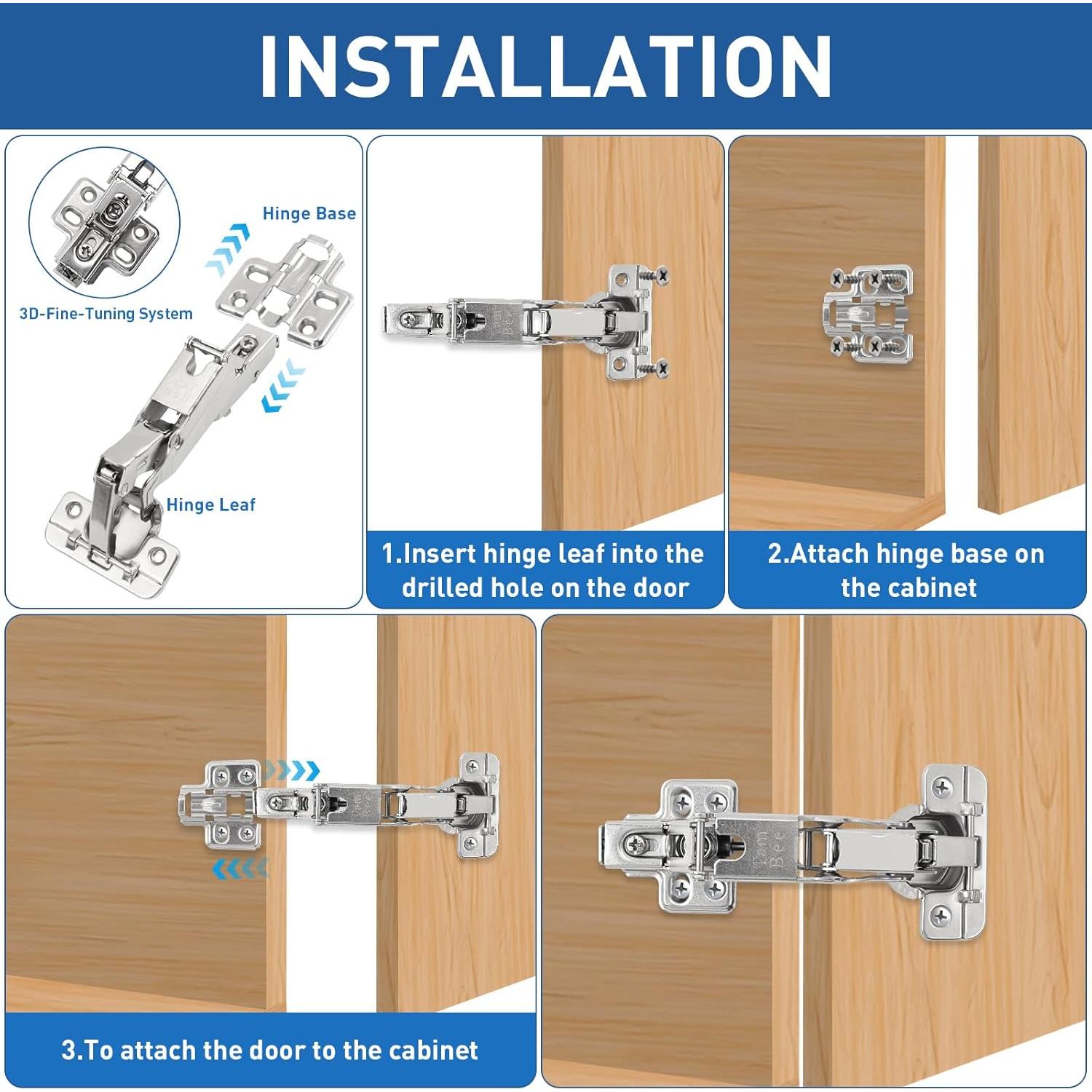 TamBee 175 Degree Hinges Frameless Cabinet Doors Hinges Concealed Hydraulic Adjustable Mounting Hinges Soft Closing Nickel-Plated Steel Buffer Dampers for Wardrobe,2 Pcs/1 Pair (Half Overlay)