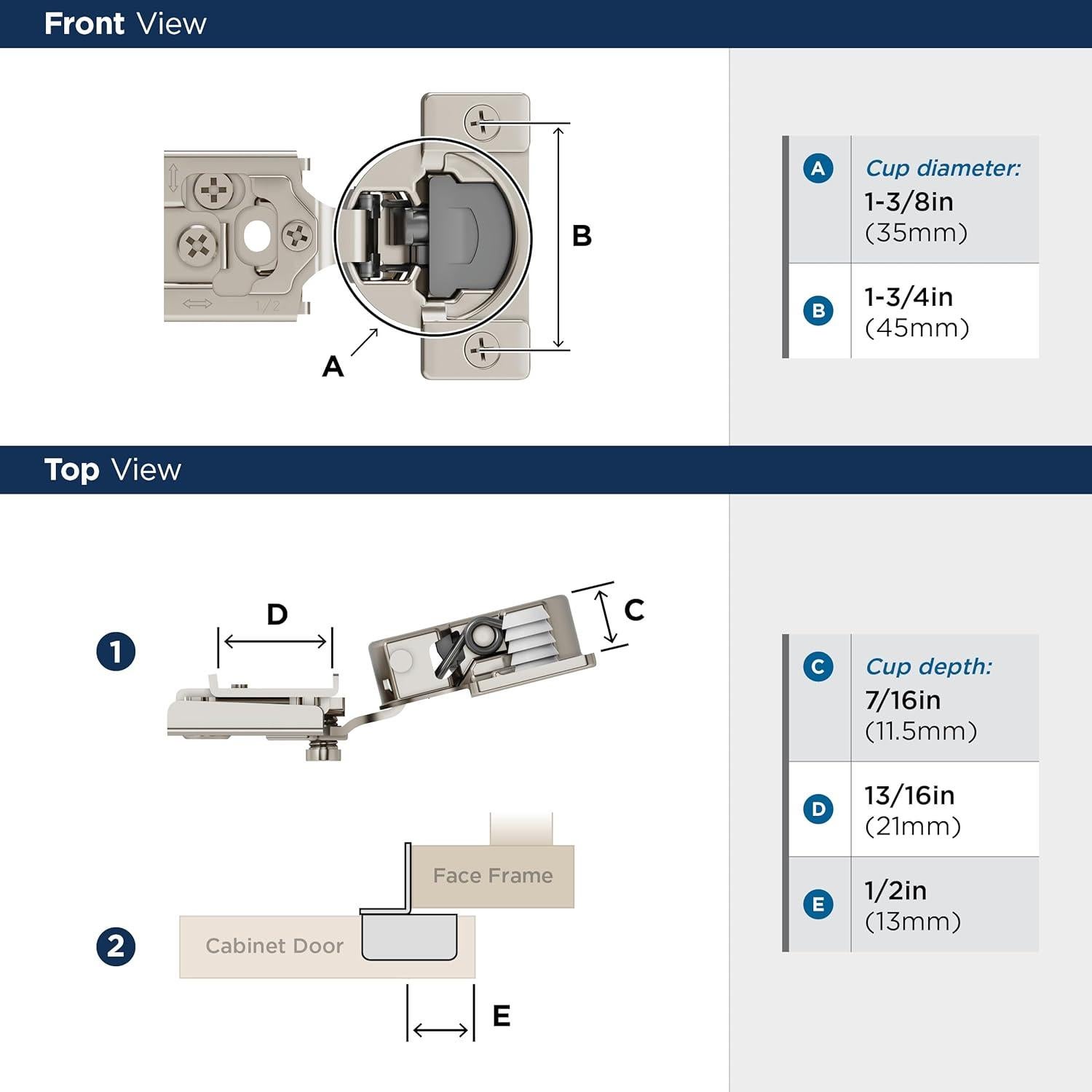 Amerock 2 Pack 1/2 inch Overlay Soft-Closing Compact Concealed Hinge for Face Frame Cabinet, 105-degree Opening Angle with 3-Way adjustability
