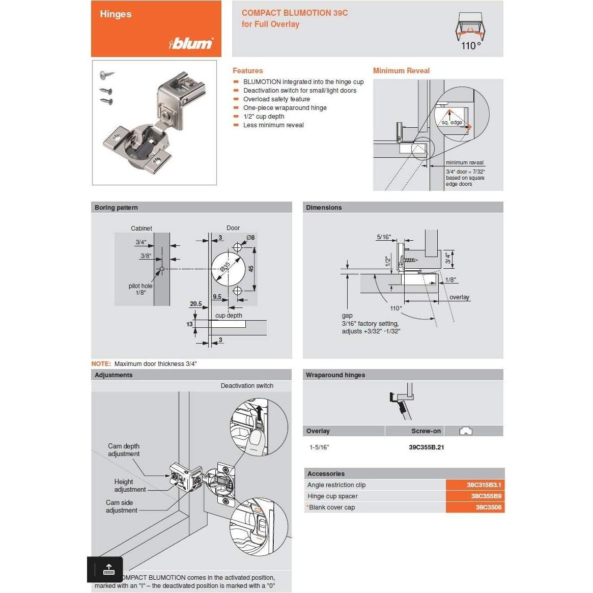 Bisagras Blum 39C355B.21 Cierre Suave 110° Superposición 1 5/16"