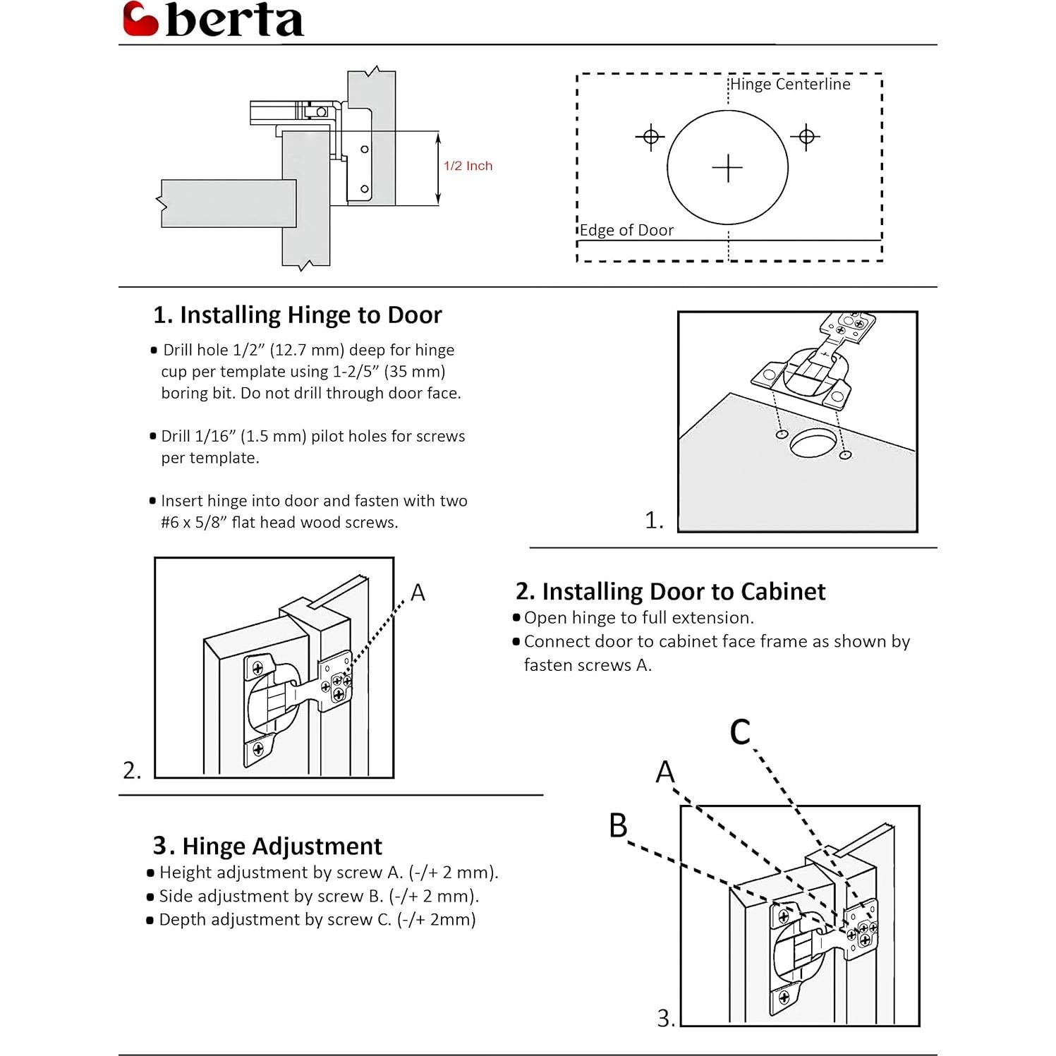 Bisagras de Cierre Suave Berta 1/2" Superposición 6 Piezas