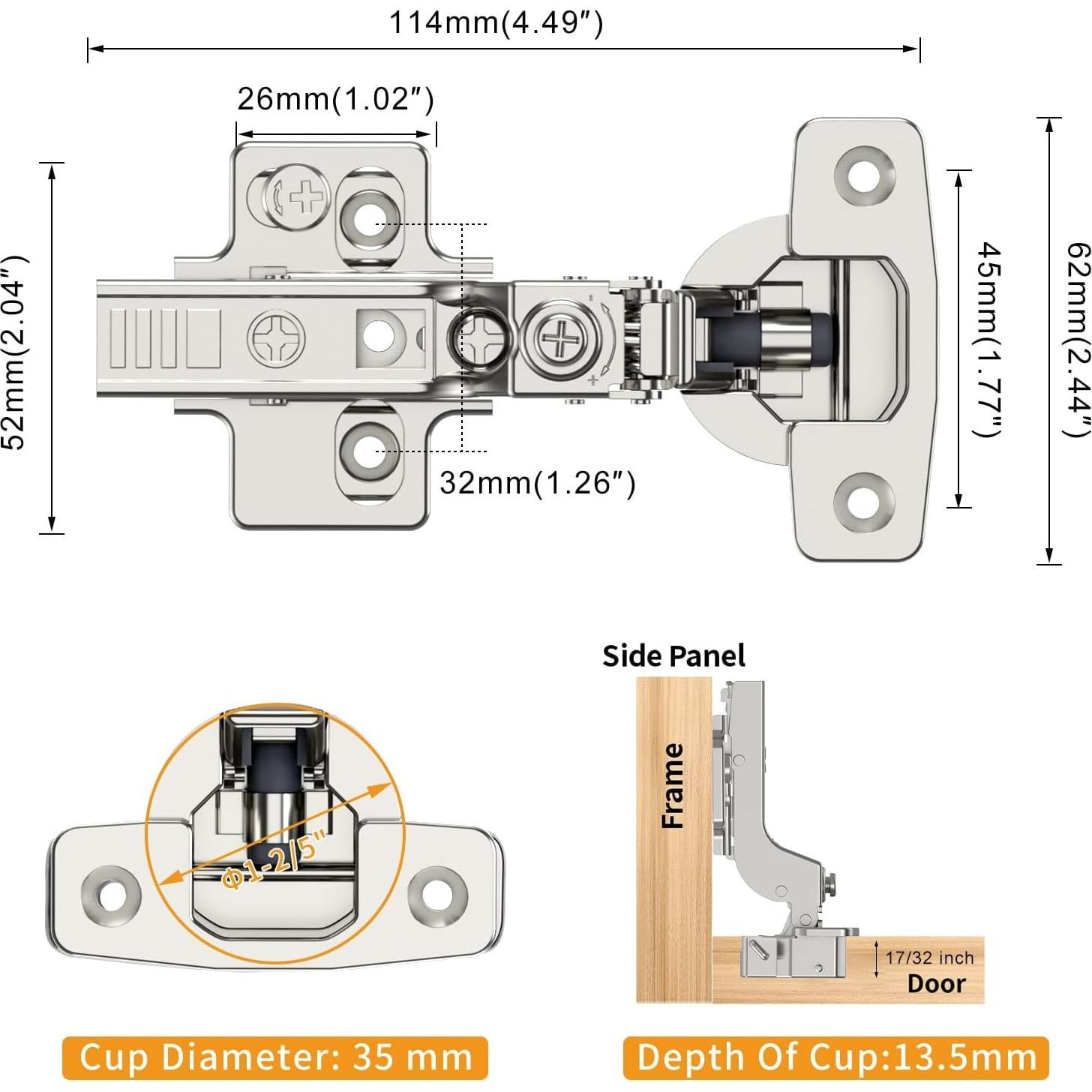 Paquete de 20 Bisagras Ocultas Chibery Cierre Suave 105°
