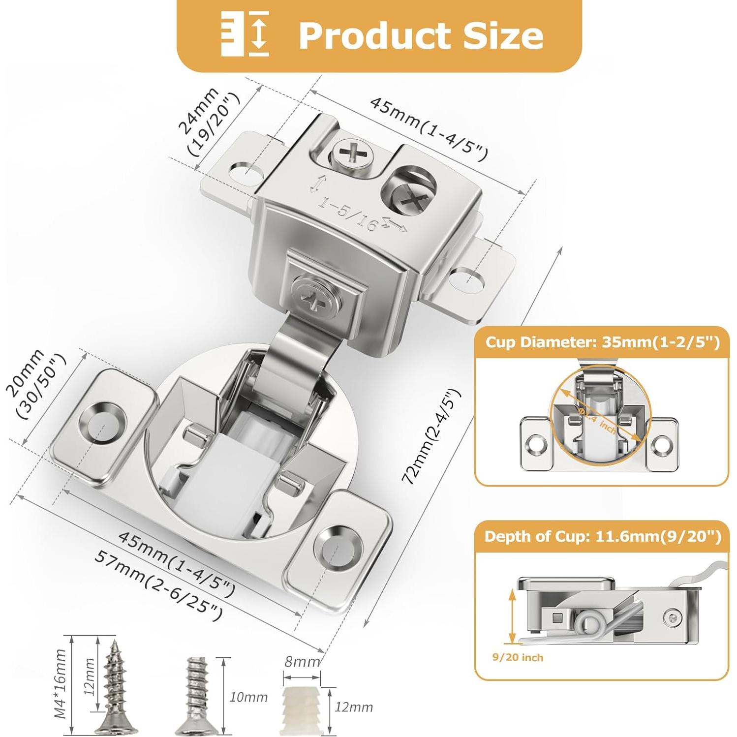 Bisagras de Gabinete Cierre Suave FURNIWARE 10 Piezas 1-5/16" Níquel
