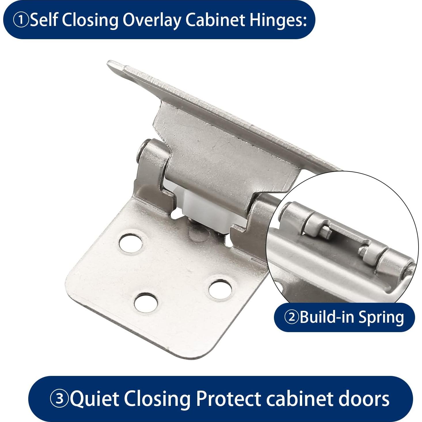 Bisagras de Gabinete Cierre Automático 1/2" Acero Níquel Satinado 20 Pcs