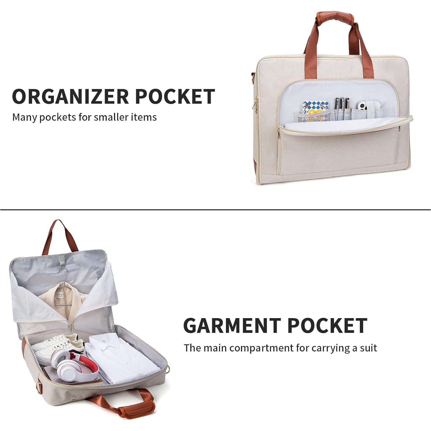 Garment Travel Bag for Women Carry on Garment Bag Up to 3 Suits for Business Trips,2 in 1 Hanging Suitcase Luggage Bags for Travel,Foldable Suit Bag 15.6Inch Laptop Beige