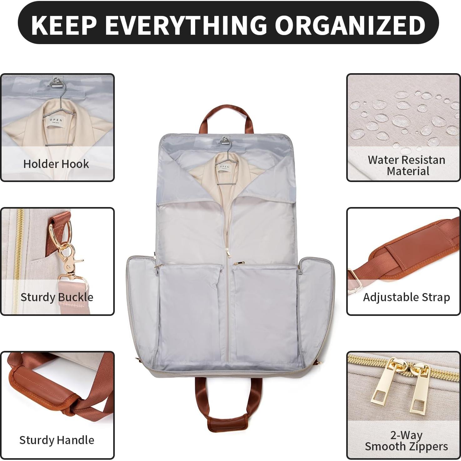 Garment Travel Bag for Women Carry on Garment Bag Up to 3 Suits for Business Trips,2 in 1 Hanging Suitcase Luggage Bags for Travel,Foldable Suit Bag 15.6Inch Laptop Beige