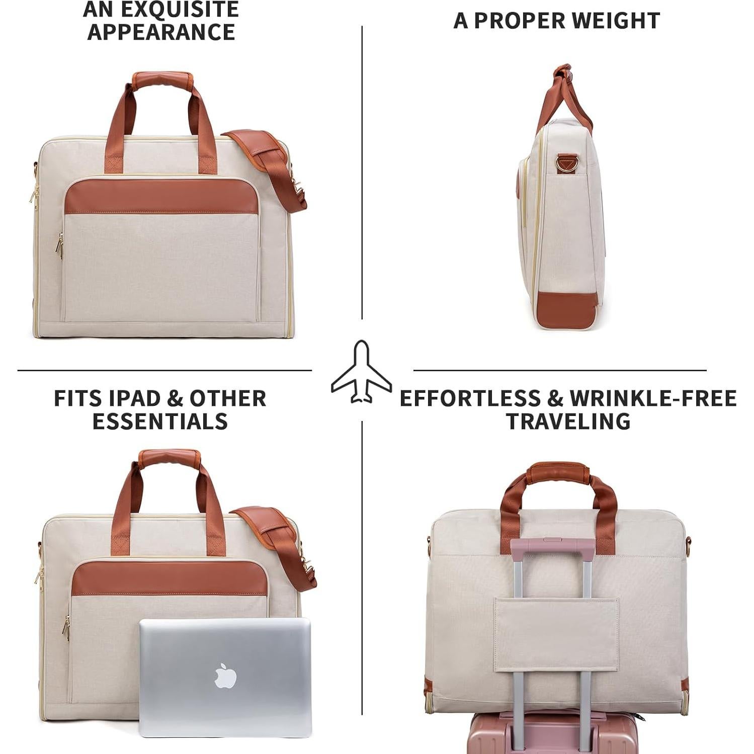Garment Travel Bag for Women Carry on Garment Bag Up to 3 Suits for Business Trips,2 in 1 Hanging Suitcase Luggage Bags for Travel,Foldable Suit Bag 15.6Inch Laptop Beige