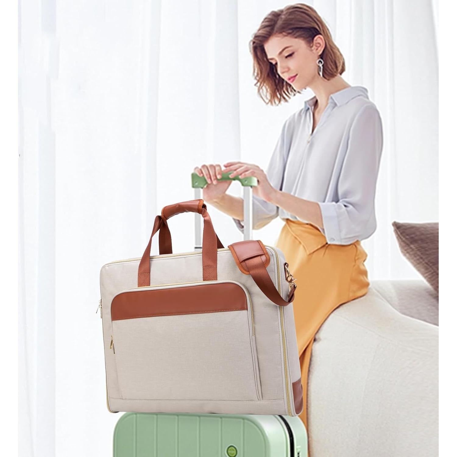 Garment Travel Bag for Women Carry on Garment Bag Up to 3 Suits for Business Trips,2 in 1 Hanging Suitcase Luggage Bags for Travel,Foldable Suit Bag 15.6Inch Laptop Beige