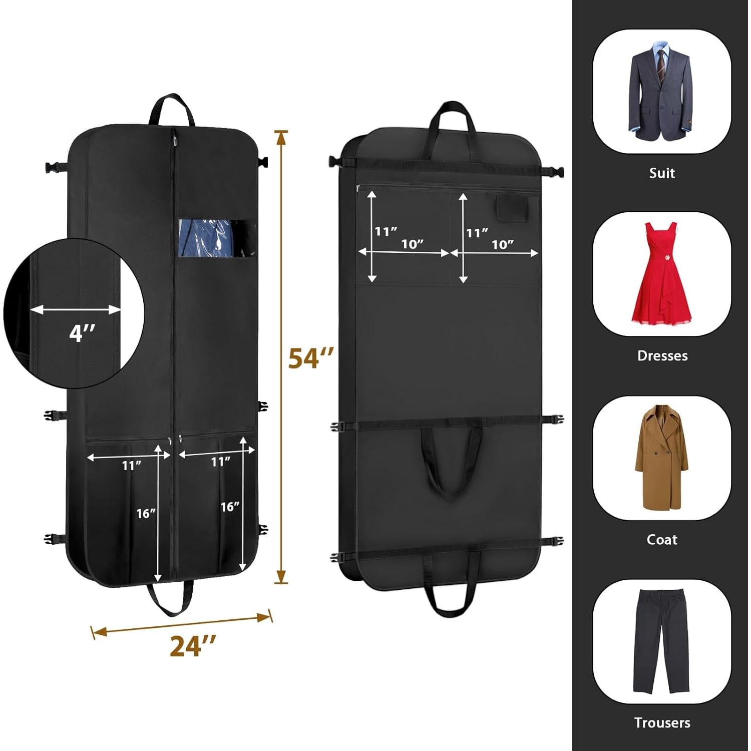 KEEGH Garment Bags for Travel 54" Tri-fold Garment Bag for Dresses Long Suit Bags Dress Bags for Closet Storage Hanging Clothes for Suit Coats Tuxedos Dresses with 4 Big Pockets, Black