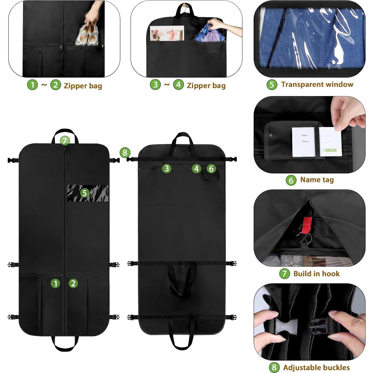 KEEGH Garment Bags for Travel 54" Tri-fold Garment Bag for Dresses Long Suit Bags Dress Bags for Closet Storage Hanging Clothes for Suit Coats Tuxedos Dresses with 4 Big Pockets, Black