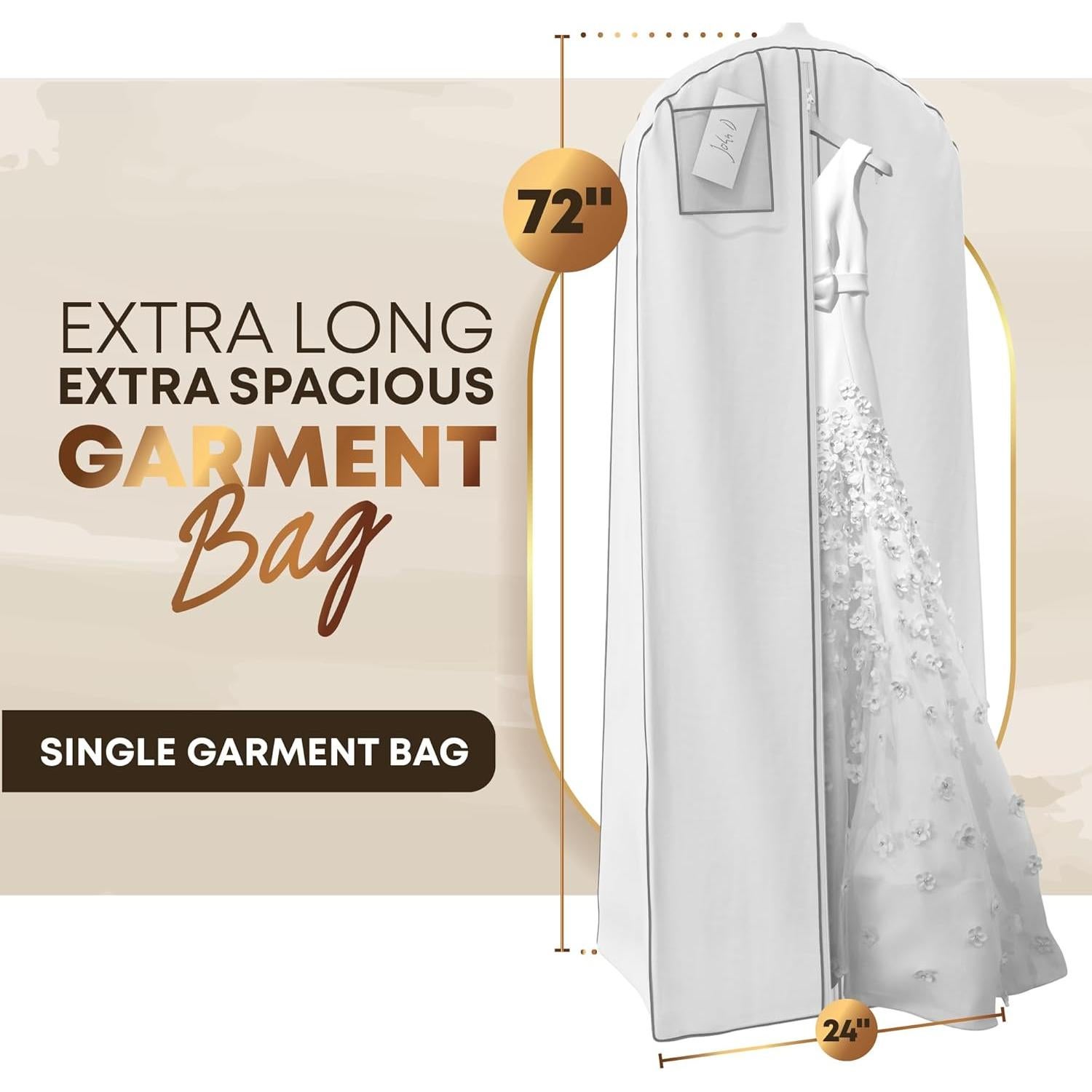 Your Bags Wedding Dress Garment Bag - Garment Bags for Travel & Hanging Clothes or Storage Preservation - 72" Wedding Dress Bag for Gowns Long with 20" Gusset for Puffy Bridal Gowns Cover -White/Grey