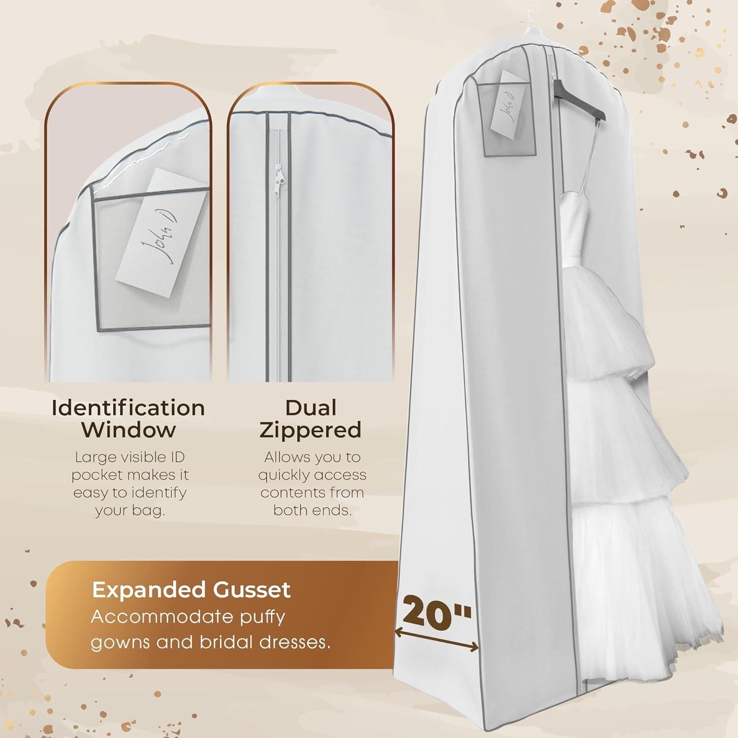 Your Bags Wedding Dress Garment Bag - Garment Bags for Travel & Hanging Clothes or Storage Preservation - 72" Wedding Dress Bag for Gowns Long with 20" Gusset for Puffy Bridal Gowns Cover -White/Grey