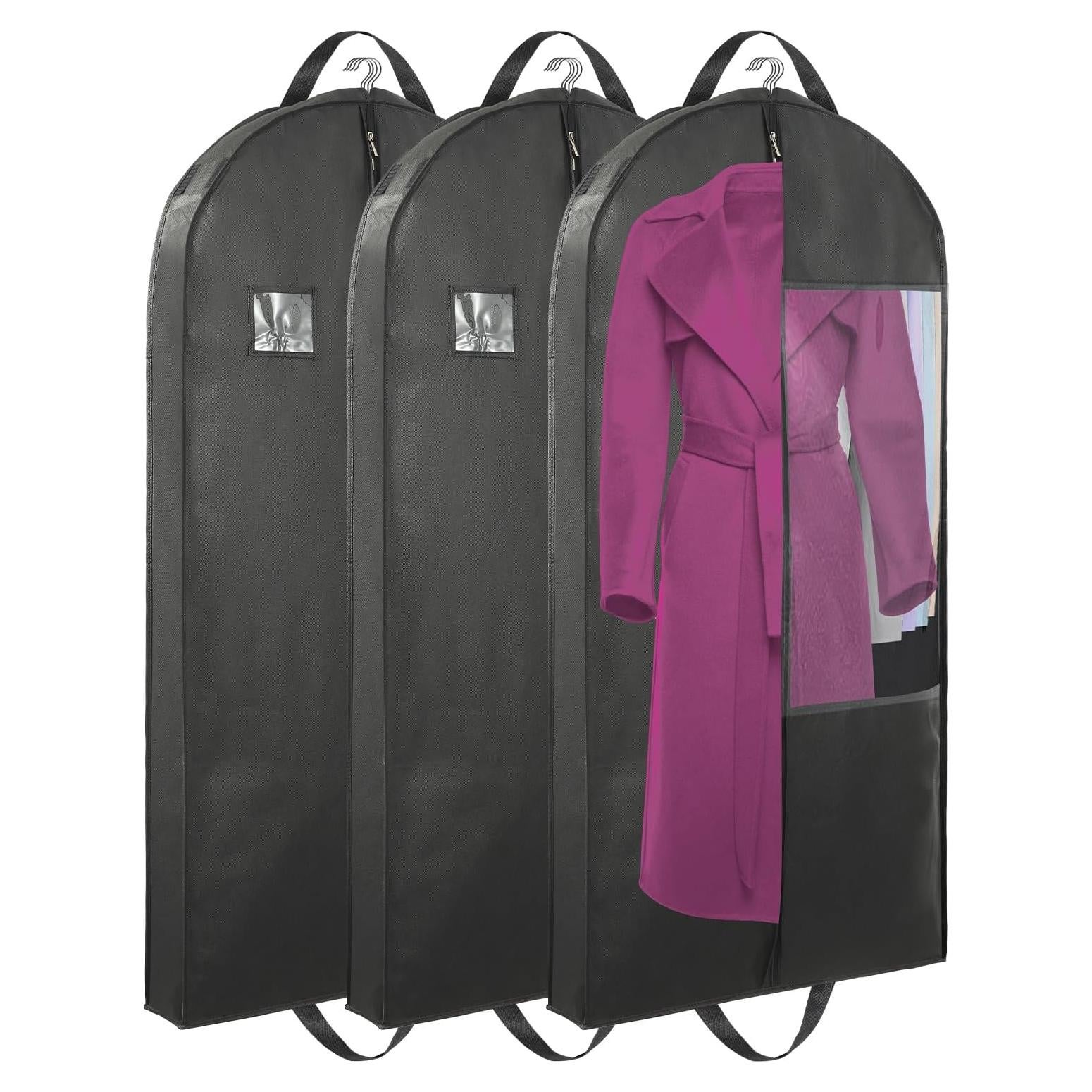 Stykontin Garment Bags for Hanging Clothes and Travel with 4" Gusseted, Suit Cover for Clothes,Coats,Suit,Jackets,Dress,Shirts,Skirt. (Black-50"-3pcs-Double zipper-Thickened 80G Non-woven Fabric)