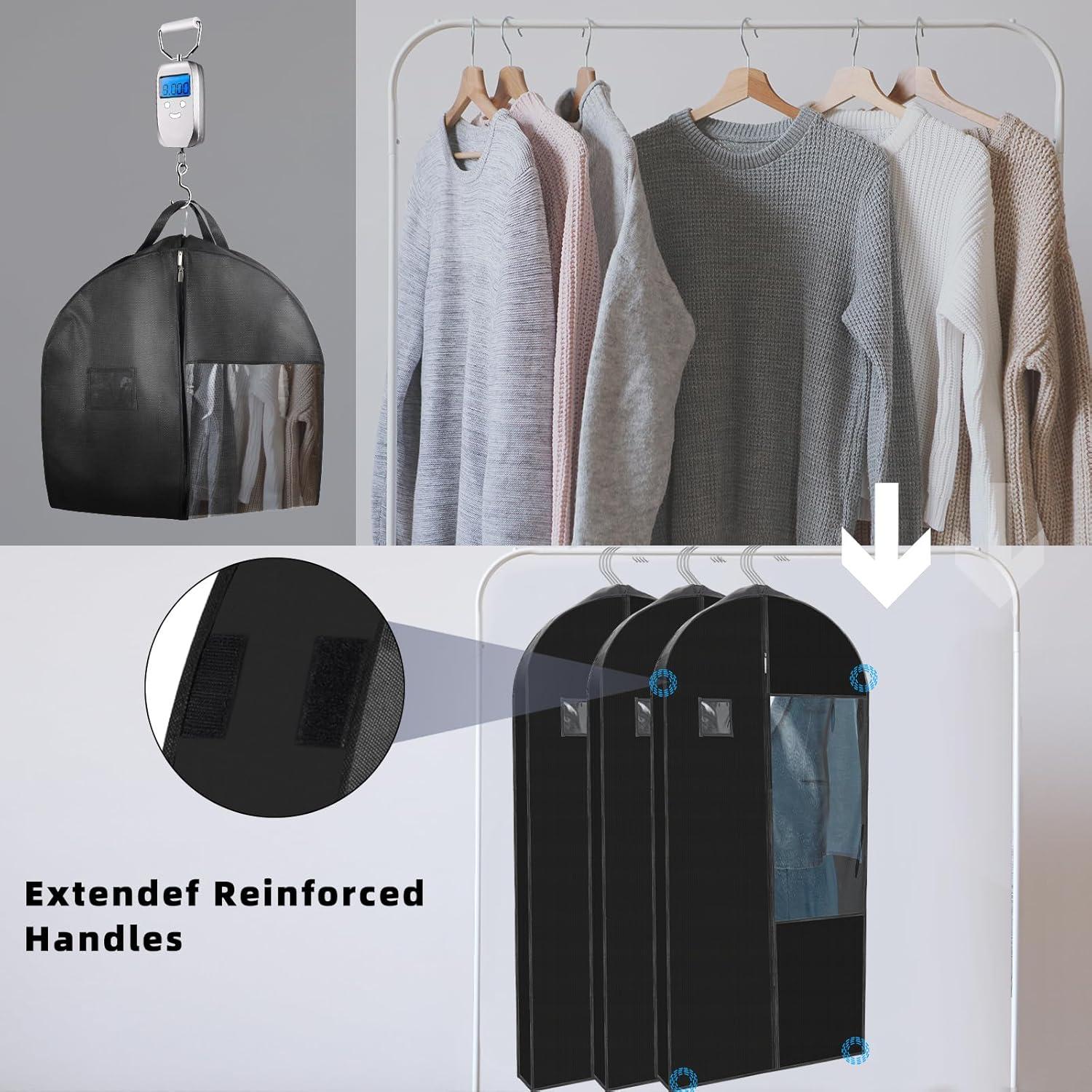 Stykontin Garment Bags for Hanging Clothes and Travel with 4" Gusseted, Suit Cover for Clothes,Coats,Suit,Jackets,Dress,Shirts,Skirt. (Black-50"-3pcs-Double zipper-Thickened 80G Non-woven Fabric)