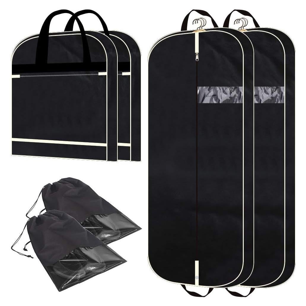 2 Pack 54" Gusseted Garment Bags with Extra Large Pockets for Travel, Breathable Foldable Suit Covers Mens Womens Hanging Bag for Clothes Shirts Dresses Coats, Black