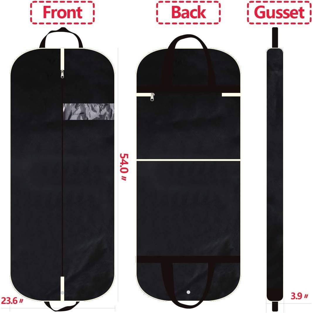2 Pack 54" Gusseted Garment Bags with Extra Large Pockets for Travel, Breathable Foldable Suit Covers Mens Womens Hanging Bag for Clothes Shirts Dresses Coats, Black