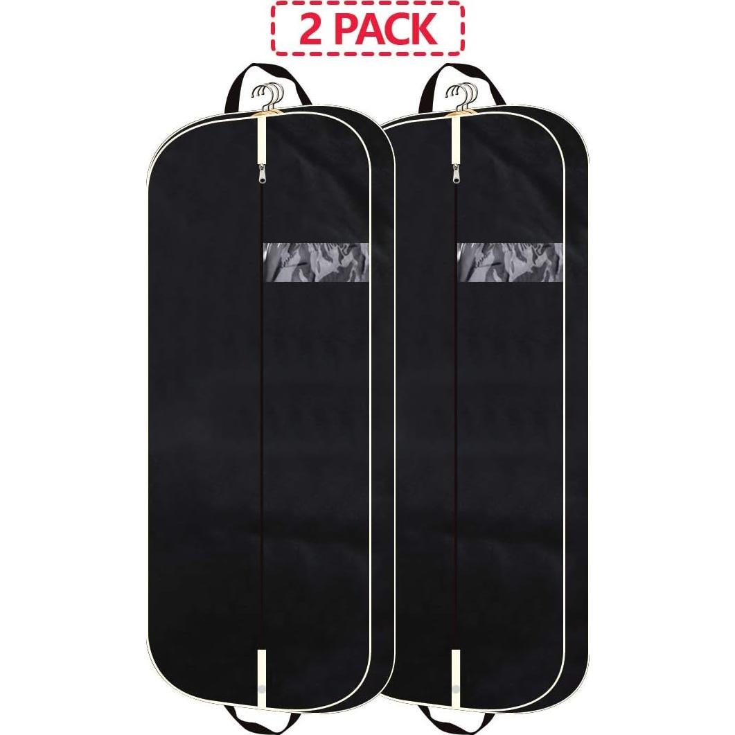 2 Pack 54" Gusseted Garment Bags with Extra Large Pockets for Travel, Breathable Foldable Suit Covers Mens Womens Hanging Bag for Clothes Shirts Dresses Coats, Black