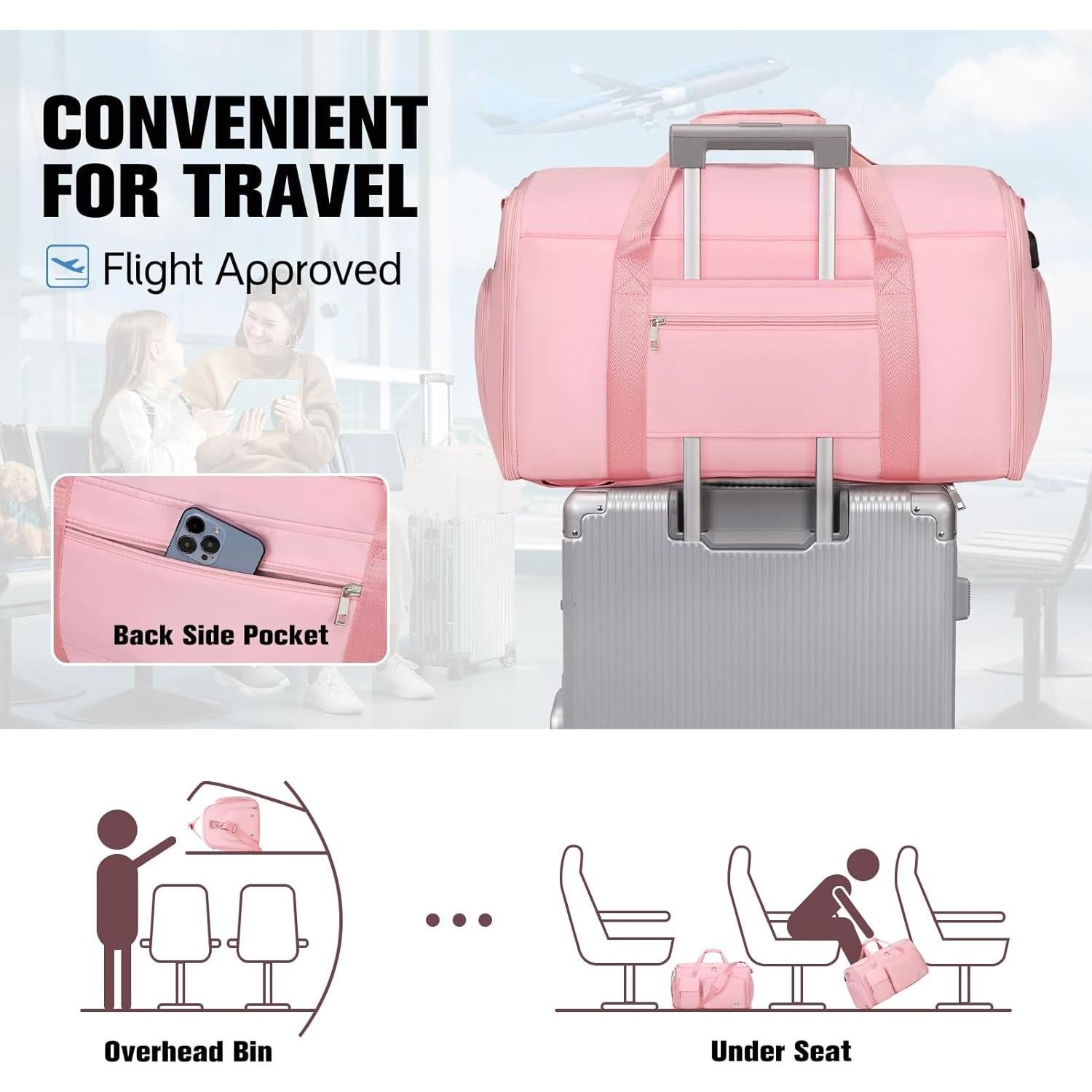 Bolsa de Ropa de Viaje 2 en 1 Rosa - Duffle Convertible con Compartimentos