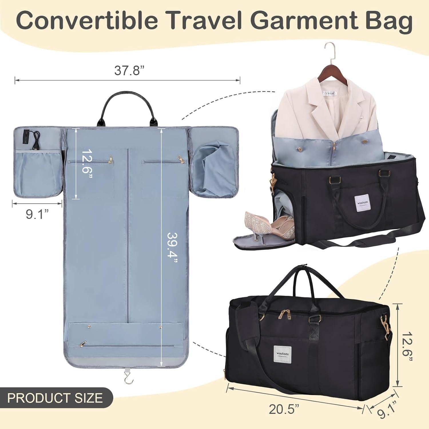 Bolsa de Ropa de Viaje WOOMADA Negra, Duffle Convertible 2-en-1