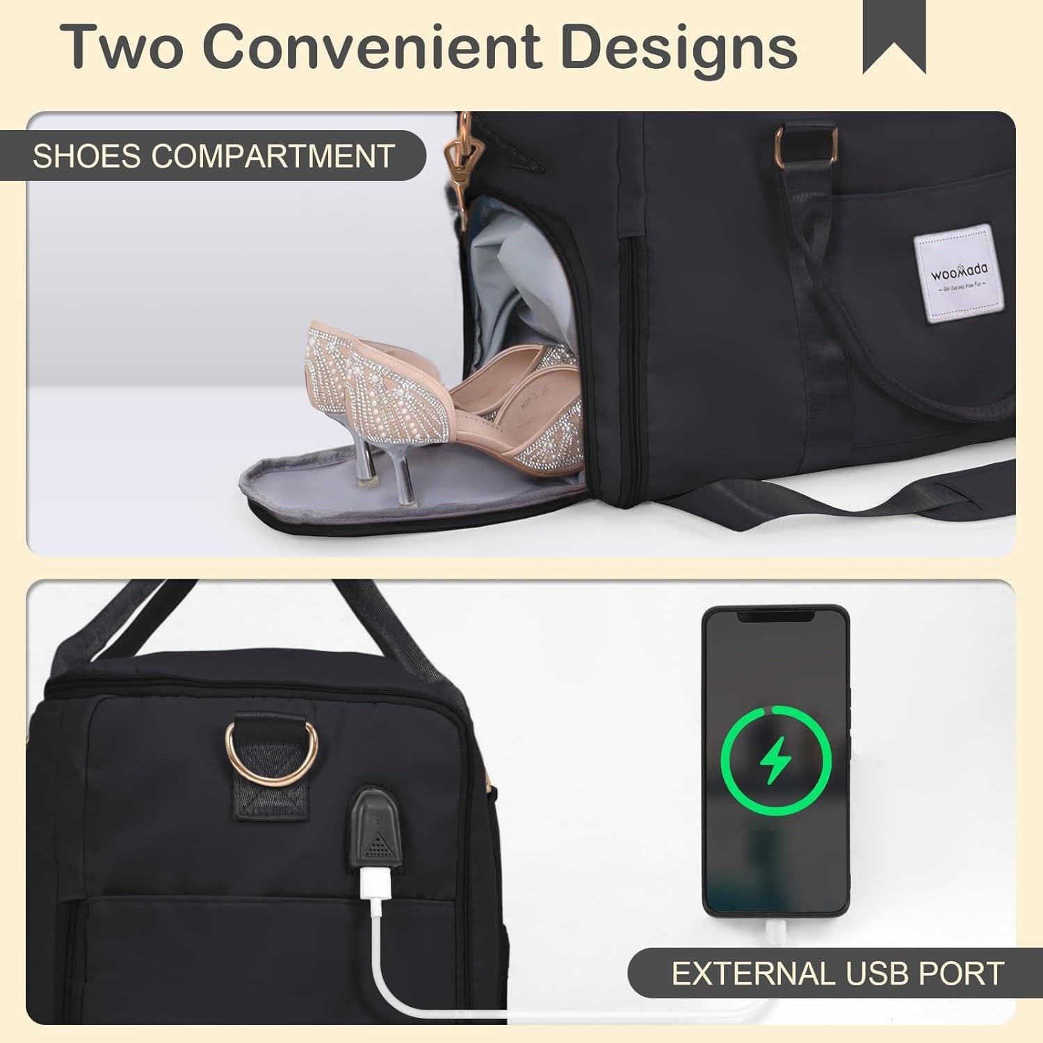 Bolsa de Ropa de Viaje WOOMADA Negra, Duffle Convertible 2-en-1